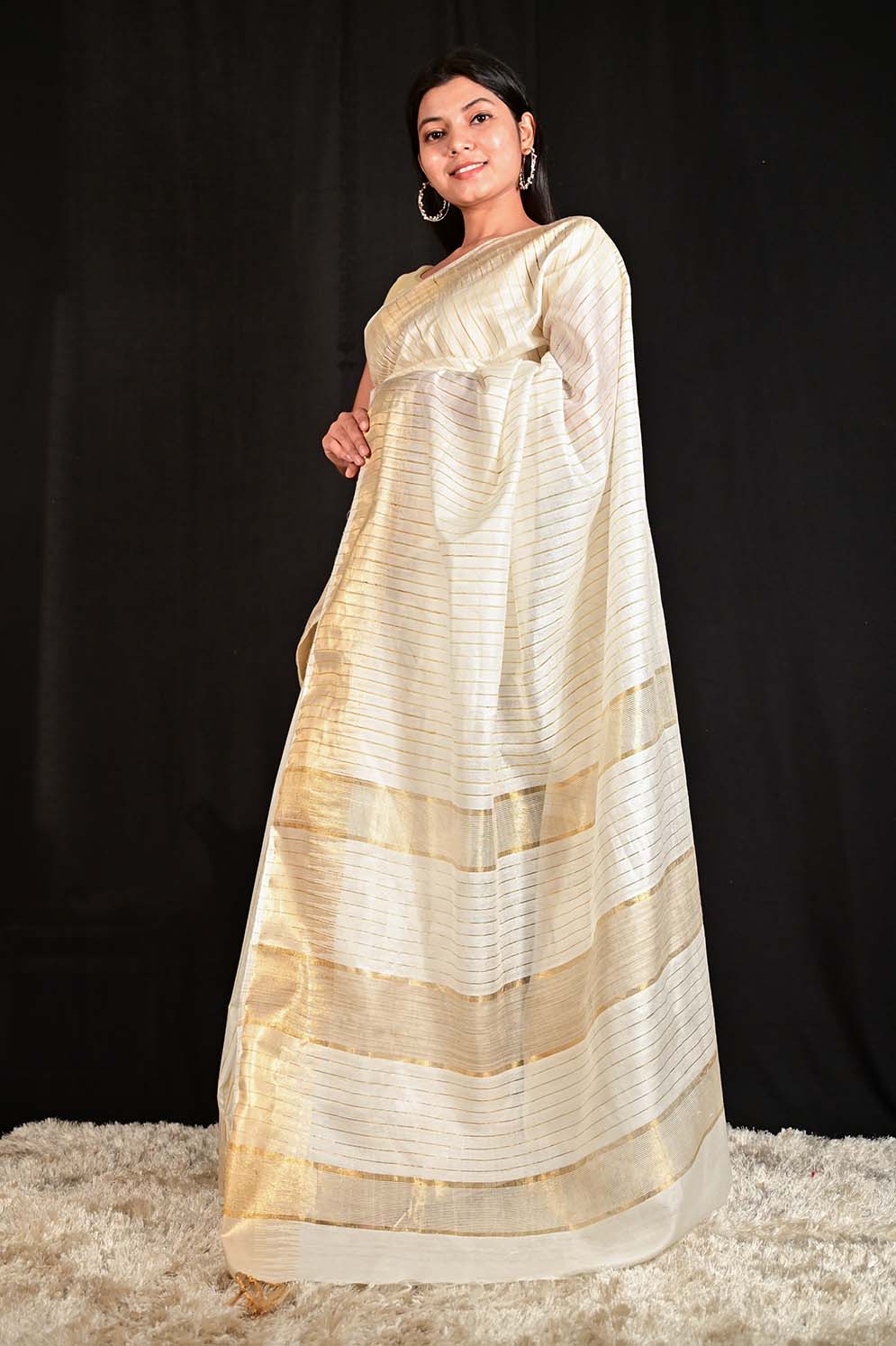 Ready To Wear Kasavu Cotton Silk with Zari work All Over Interwoven Ornate Pallu Wrap in 1 minute saree - Isadora Life