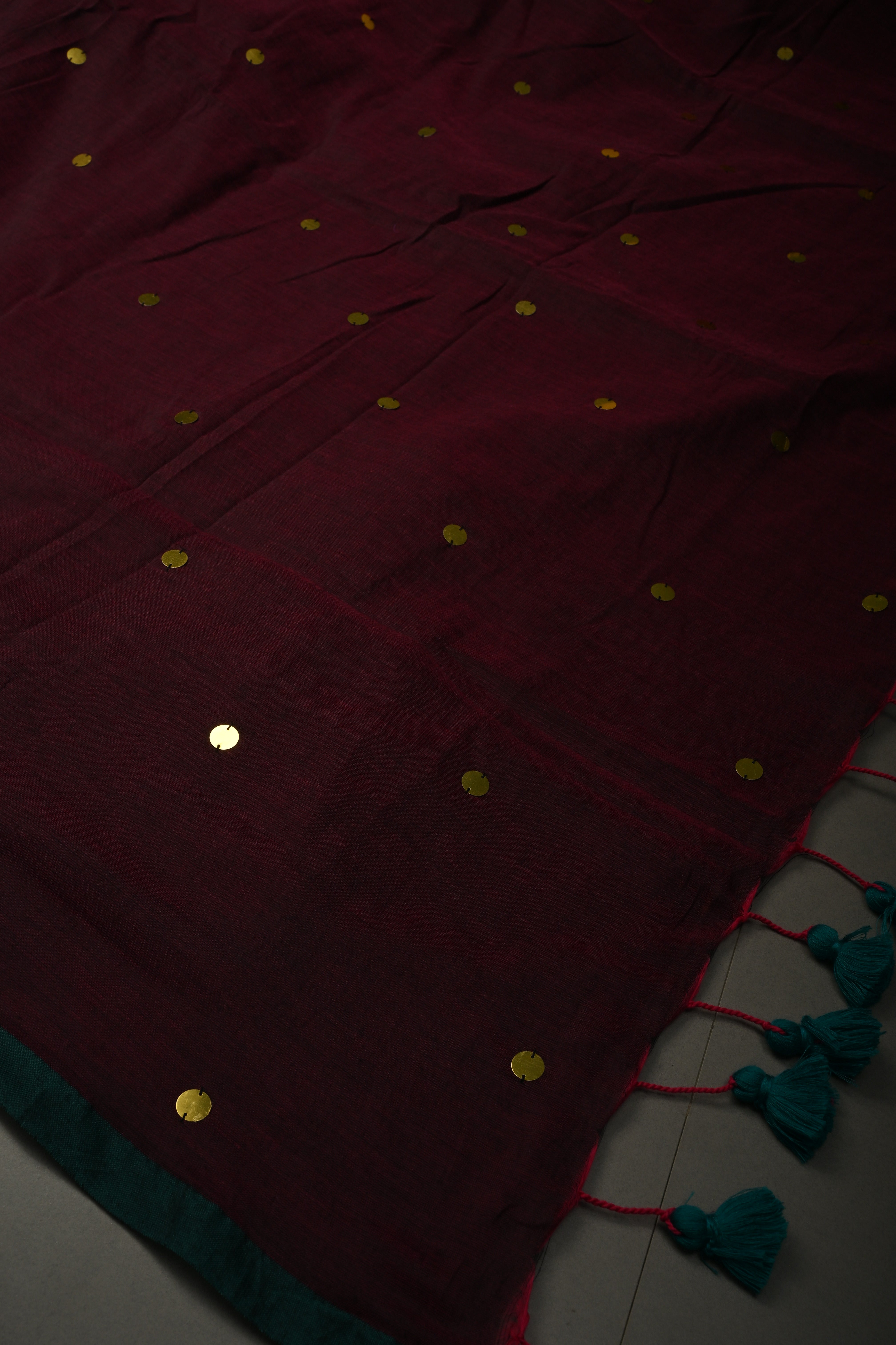 Tyrian Purple Mercerized Mul Cotton Saree with Tikki Work and Long Tassels, No Blouse Piece | Shobitam