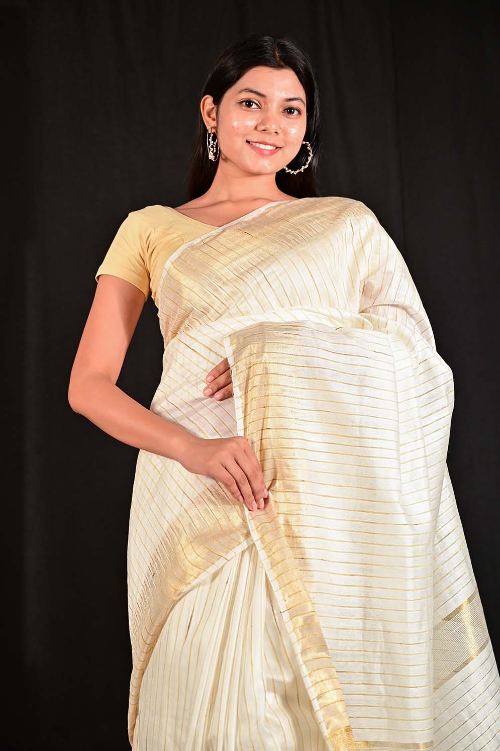 Ready To Wear Kasavu Cotton Silk with Zari work All Over Interwoven Ornate Pallu Wrap in 1 minute saree - Isadora Life