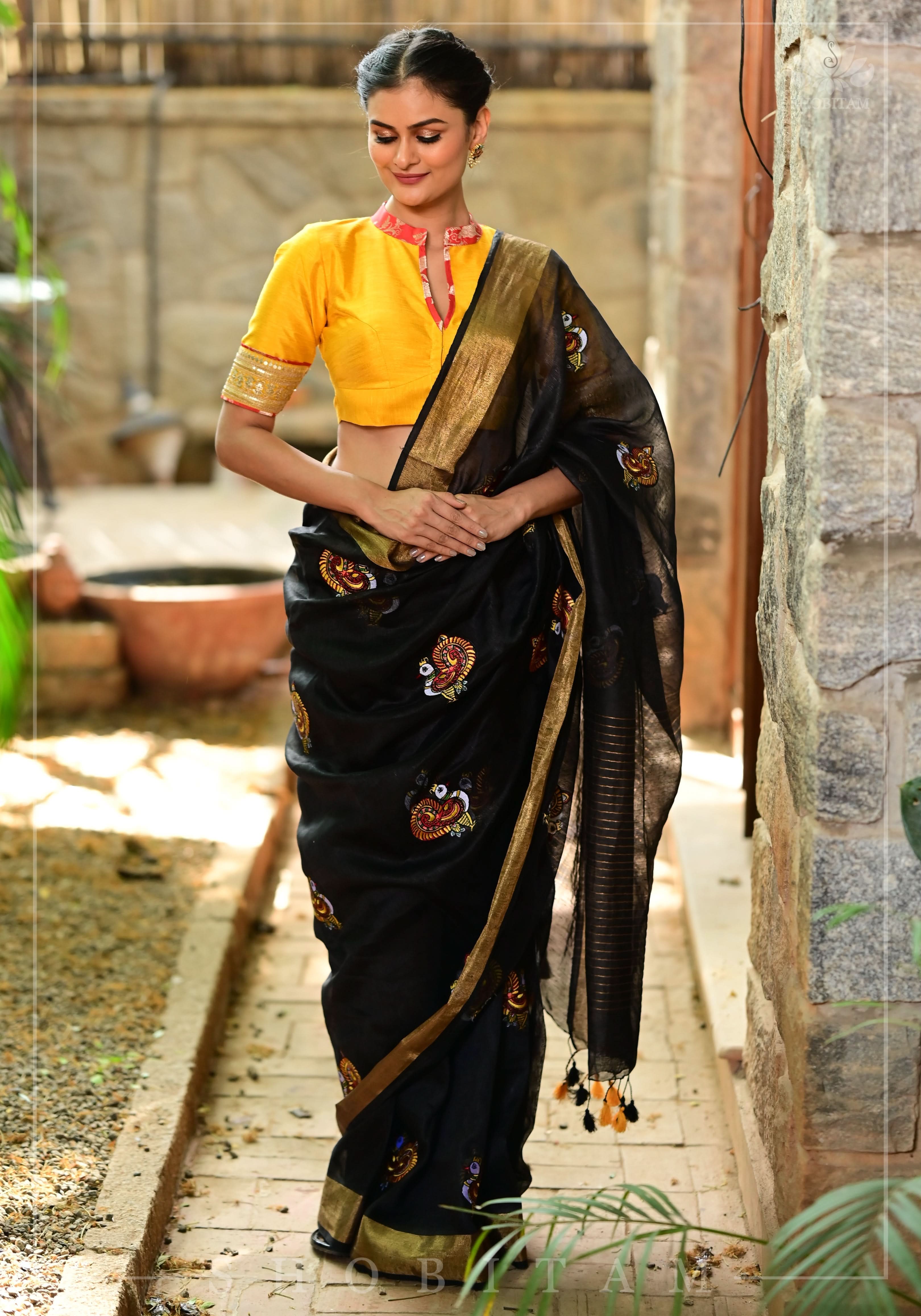 Annapakshi -the divine Swan embroidered motifs on Black Silk Linen Saree | Shobitam