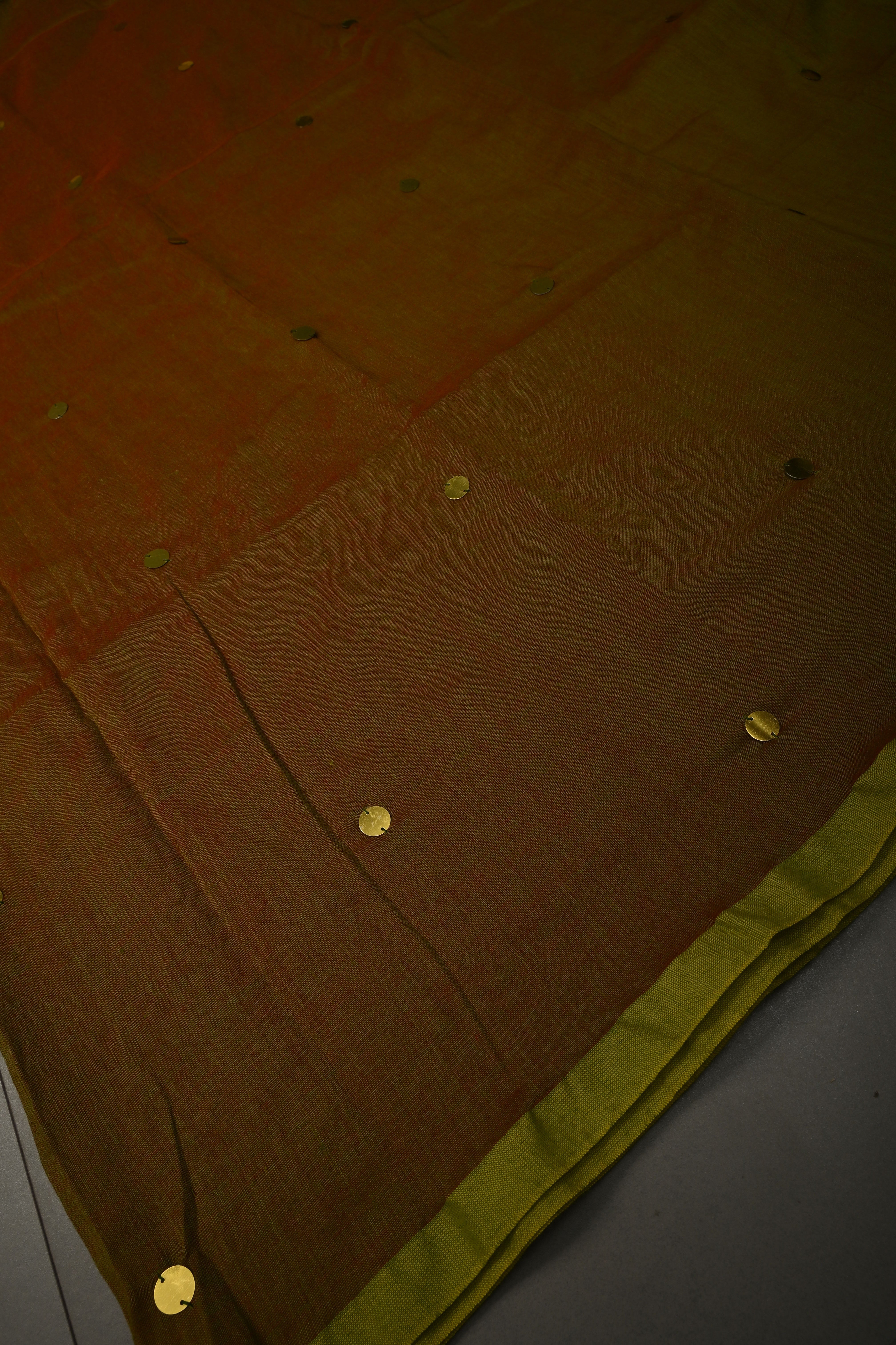 Green-Red Dual Tone Mercerized Mul Cotton saree in With Tikki work and Long Tassels, No Blouse Piece | Shobitam