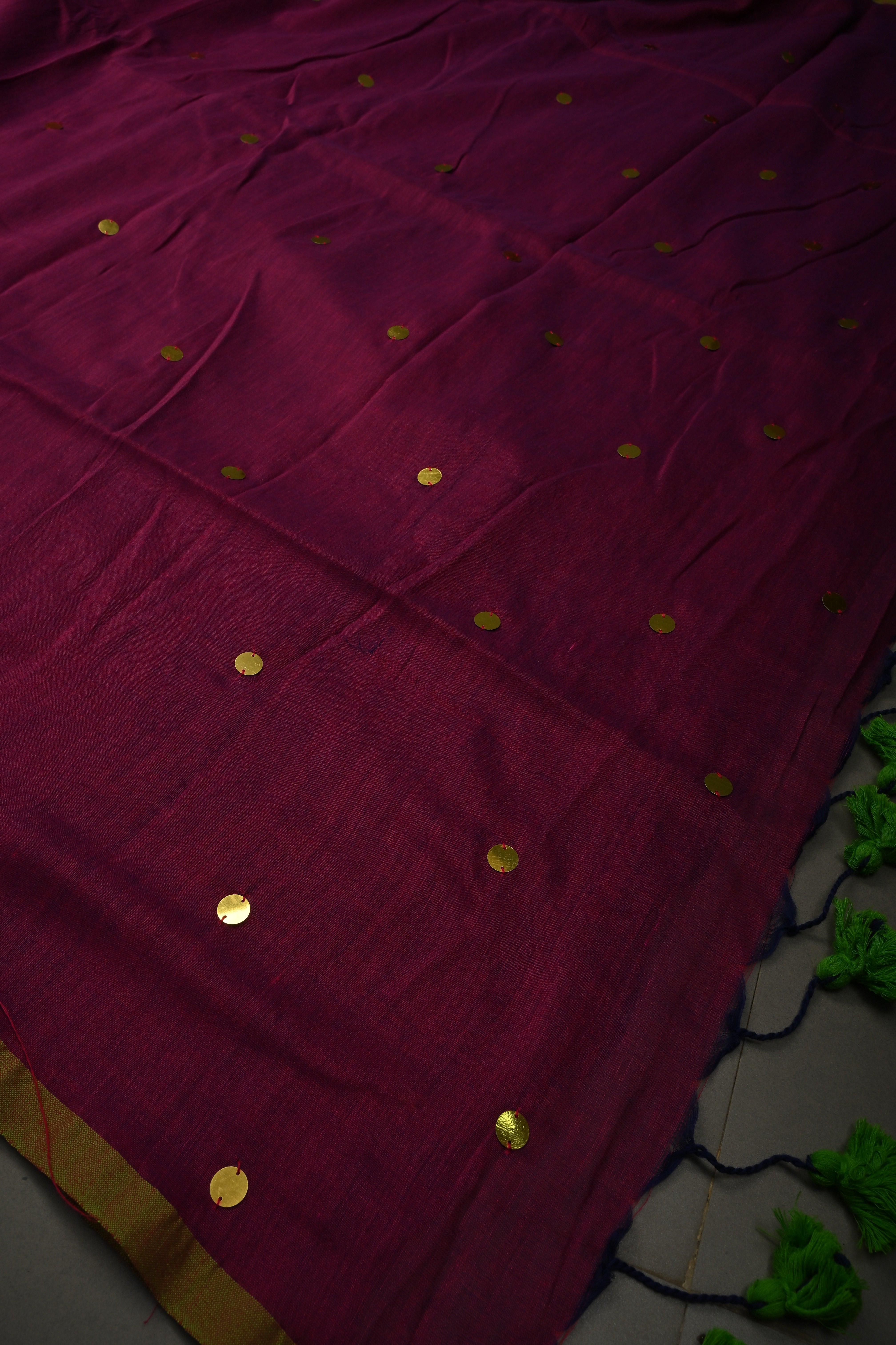 Magenta Mercerized Mul Cotton Saree with Tikki Work and Long Tassels, No Blouse Piece | Shobitam