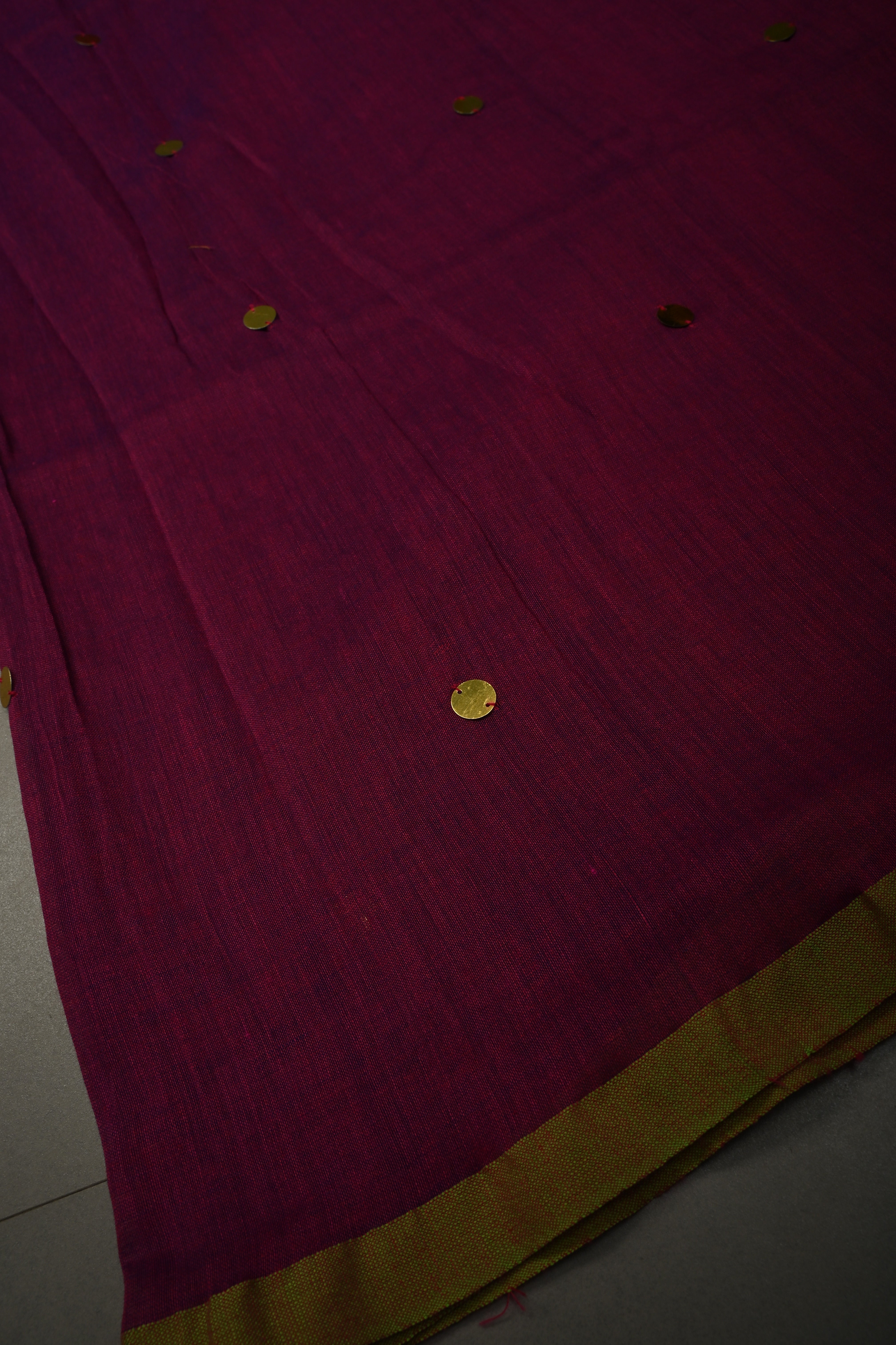 Magenta Mercerized Mul Cotton Saree with Tikki Work and Long Tassels, No Blouse Piece | Shobitam