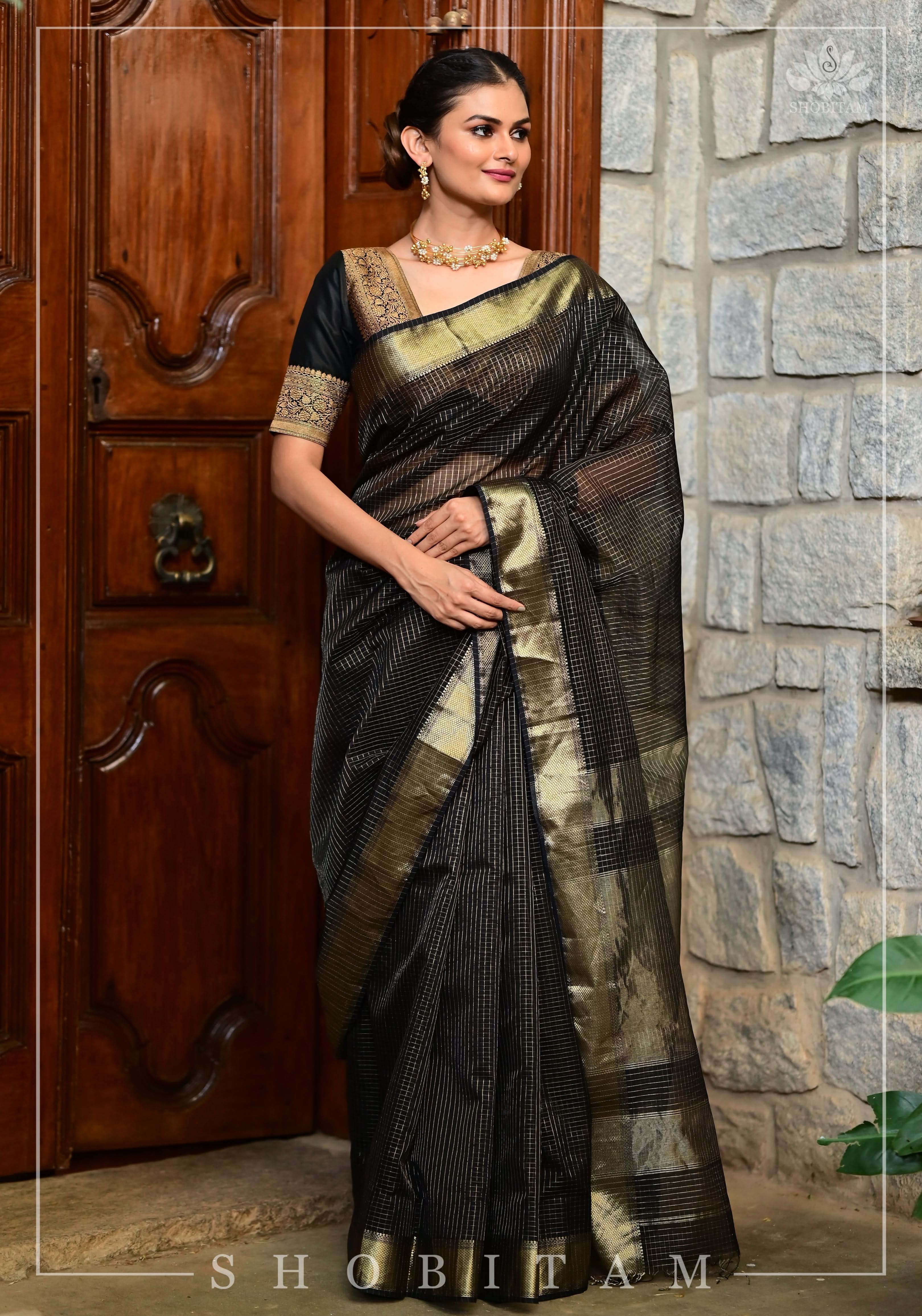 Black Handwoven Maheshwari Silk Cotton Zari Checks Saree | Shobitam