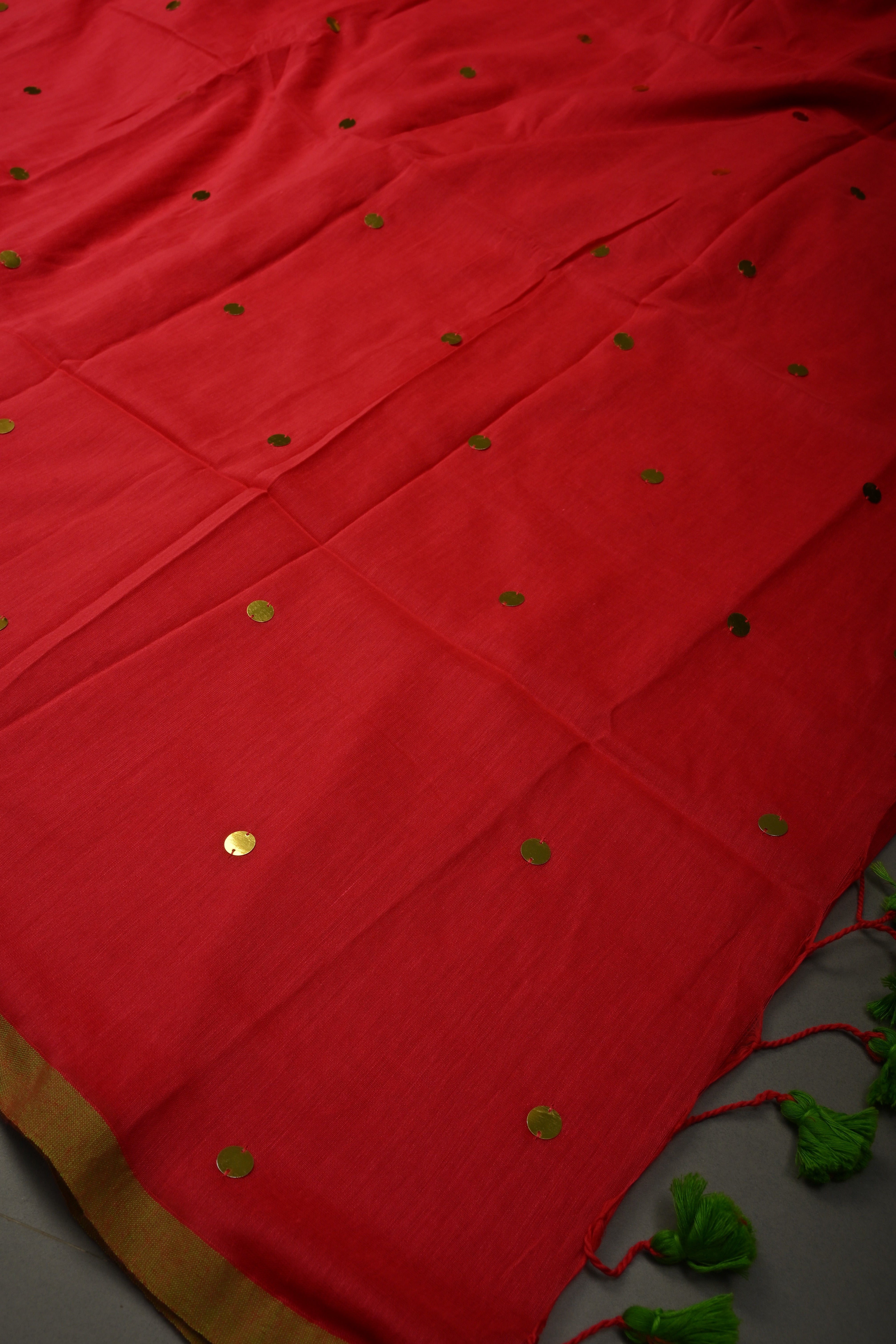 Amaranth Mercerized Mul Cotton Saree with Tikki Work and Long Tassels, No Blouse Piece | Shobitam