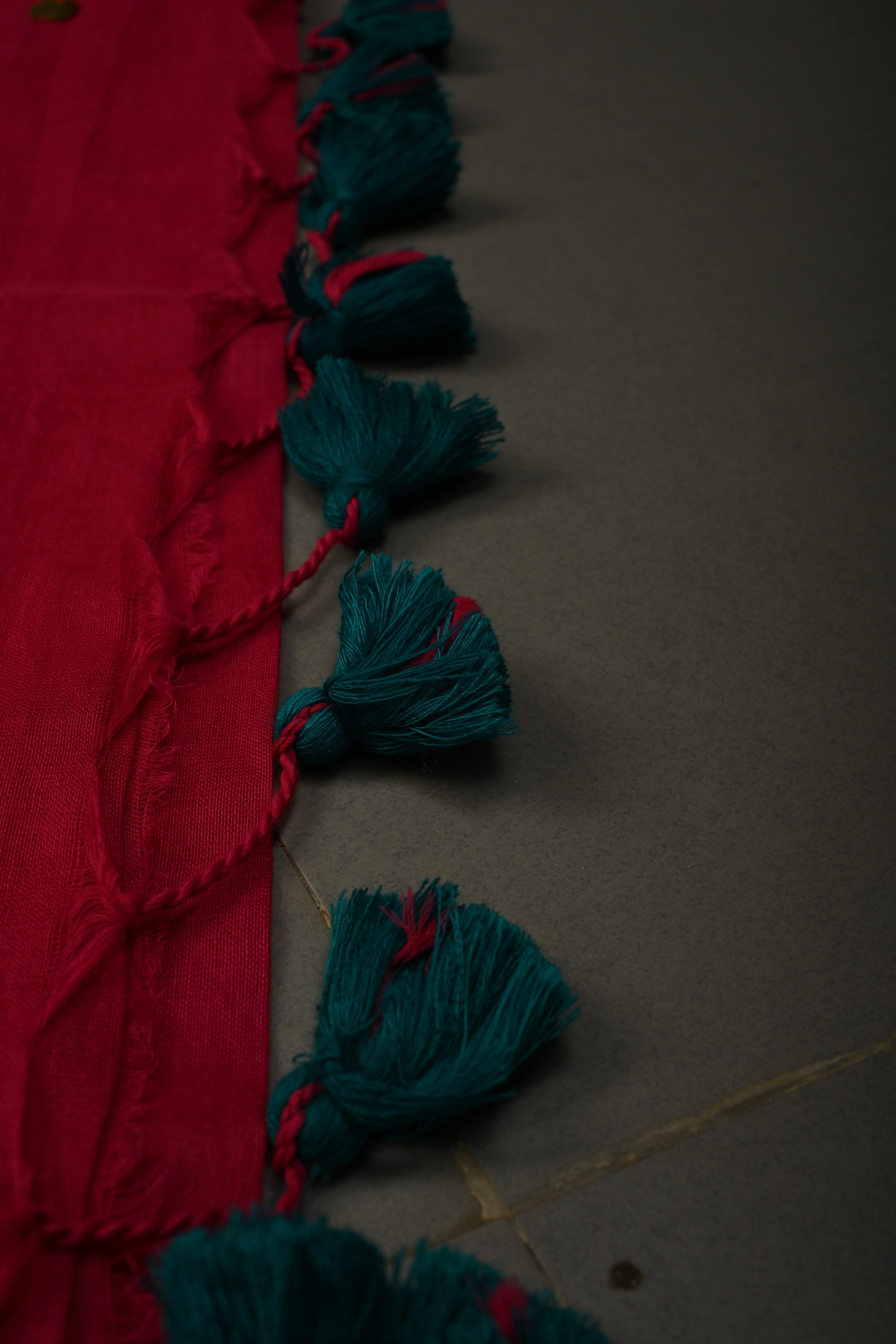 Rani Pink Mercerized Mul Cotton Saree with Tikki Work and Long Tassels, No Blouse Piece | Shobitam