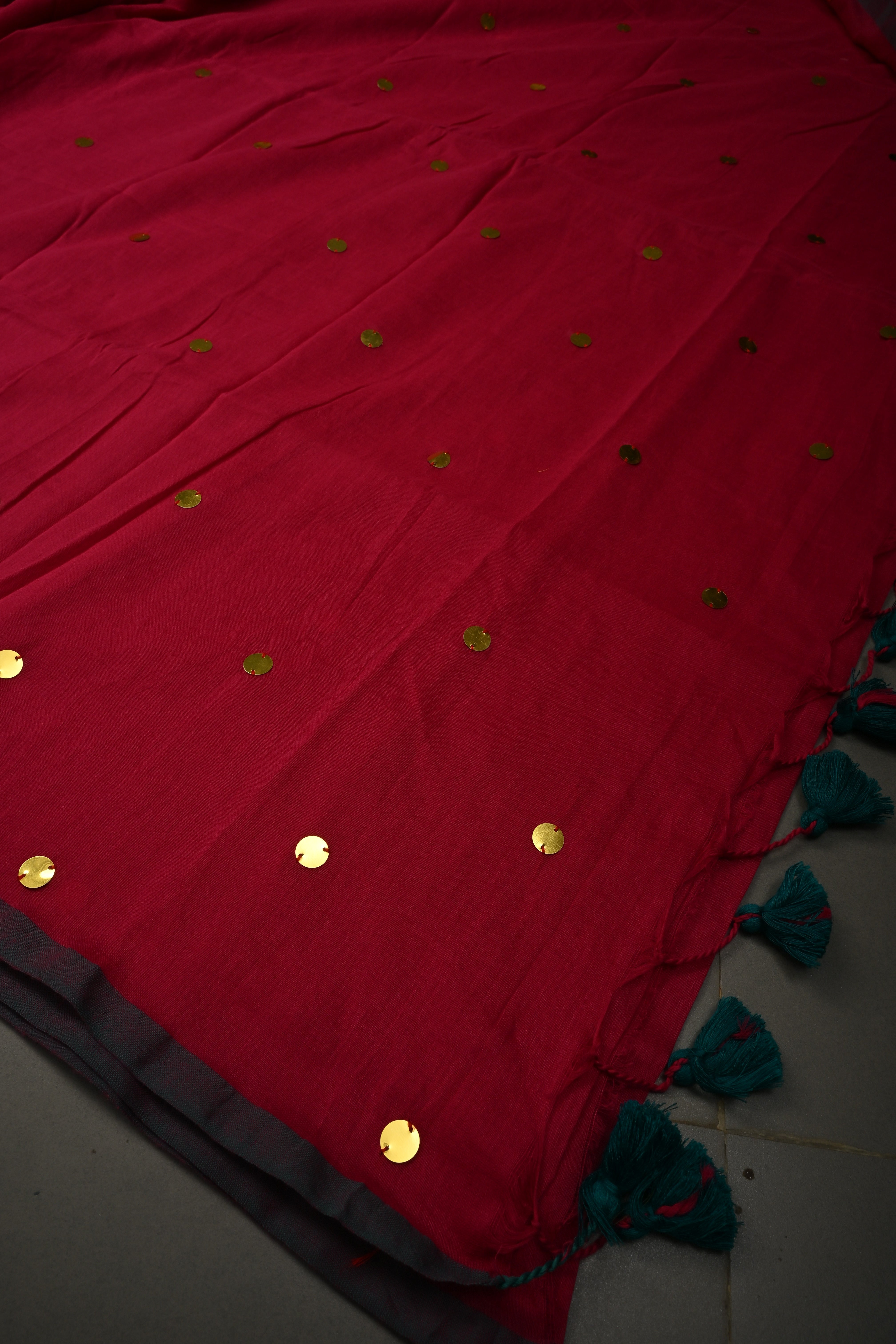 Rani Pink Mercerized Mul Cotton Saree with Tikki Work and Long Tassels, No Blouse Piece | Shobitam