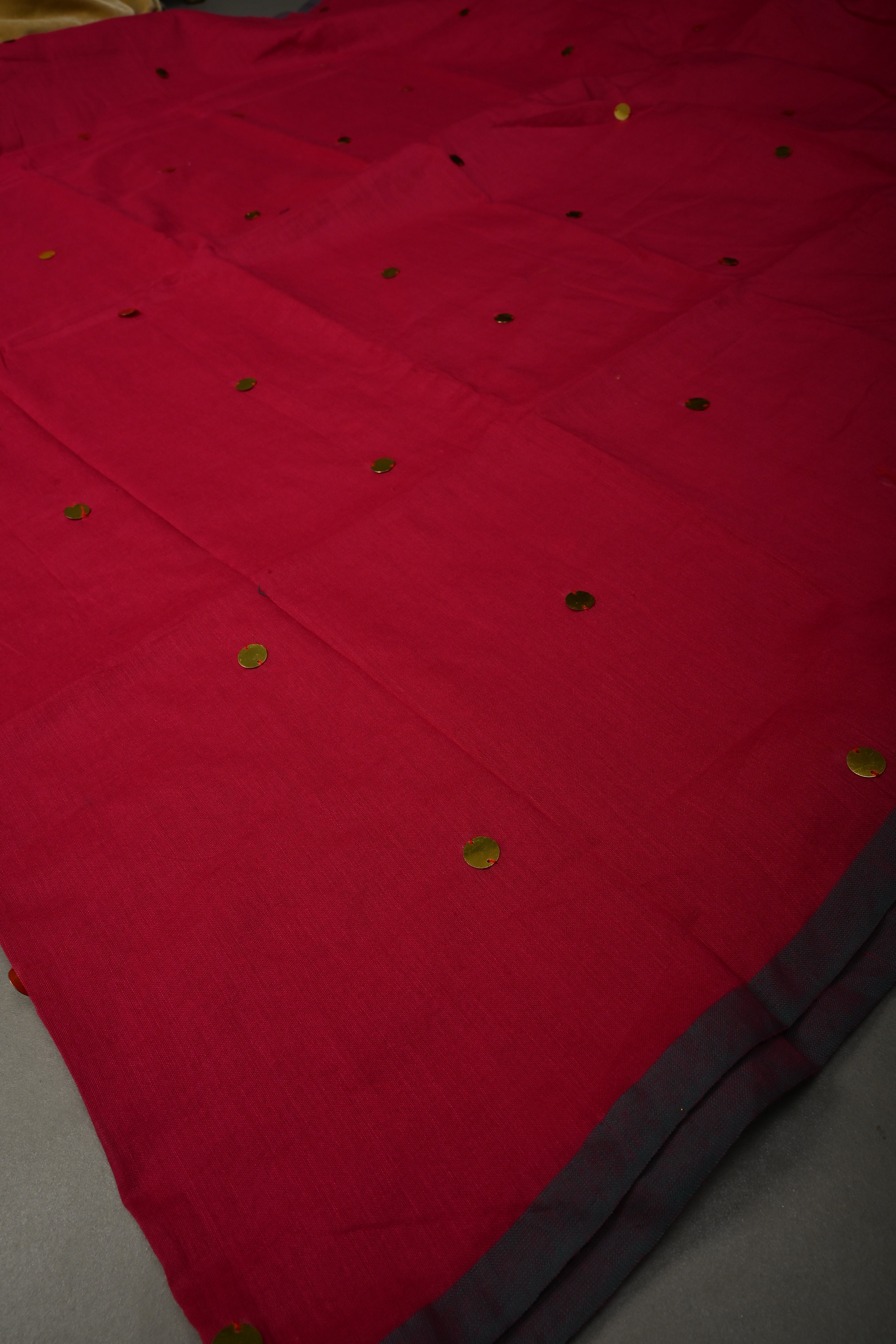 Rani Pink Mercerized Mul Cotton Saree with Tikki Work and Long Tassels, No Blouse Piece | Shobitam