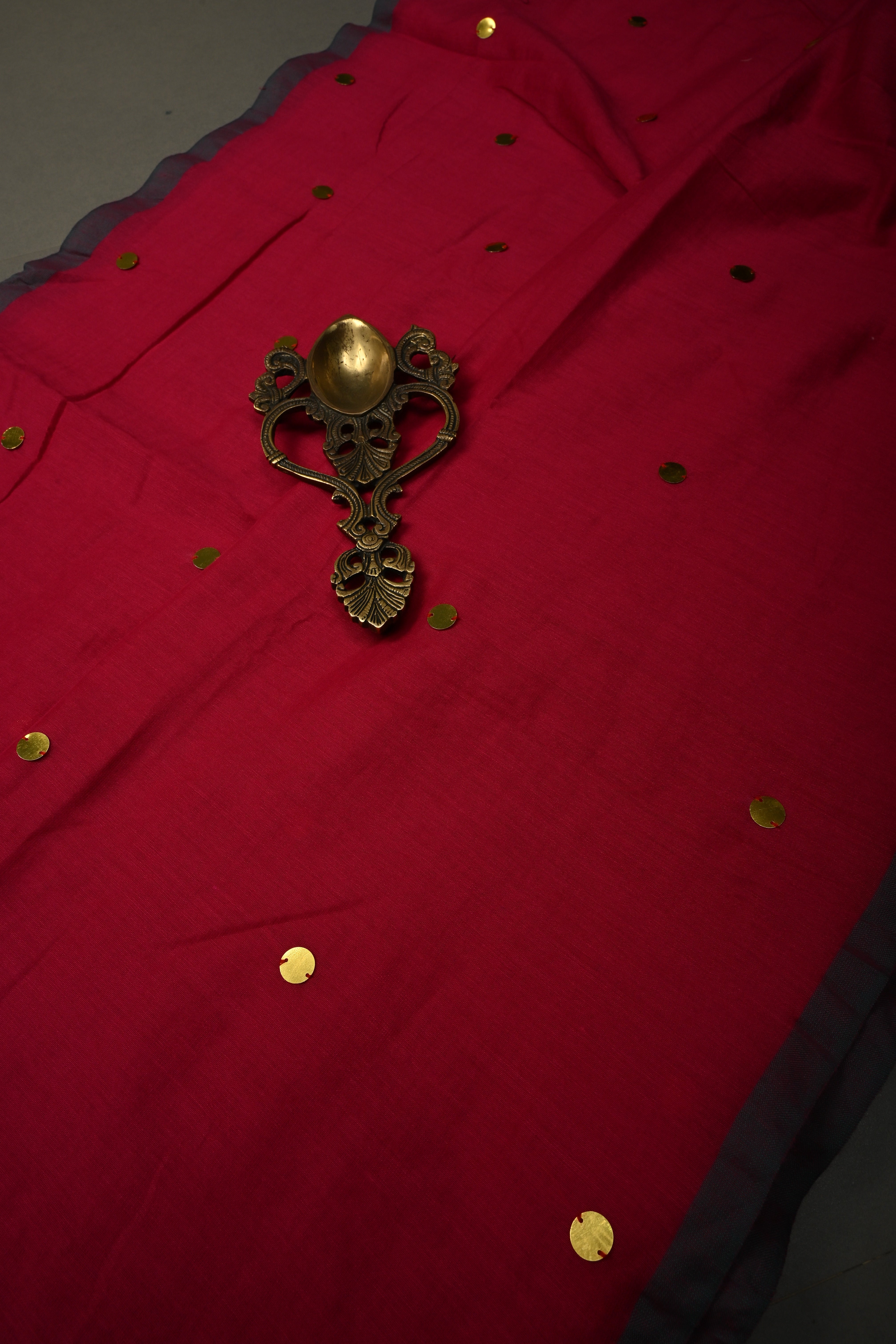 Rani Pink Mercerized Mul Cotton Saree with Tikki Work and Long Tassels, No Blouse Piece | Shobitam