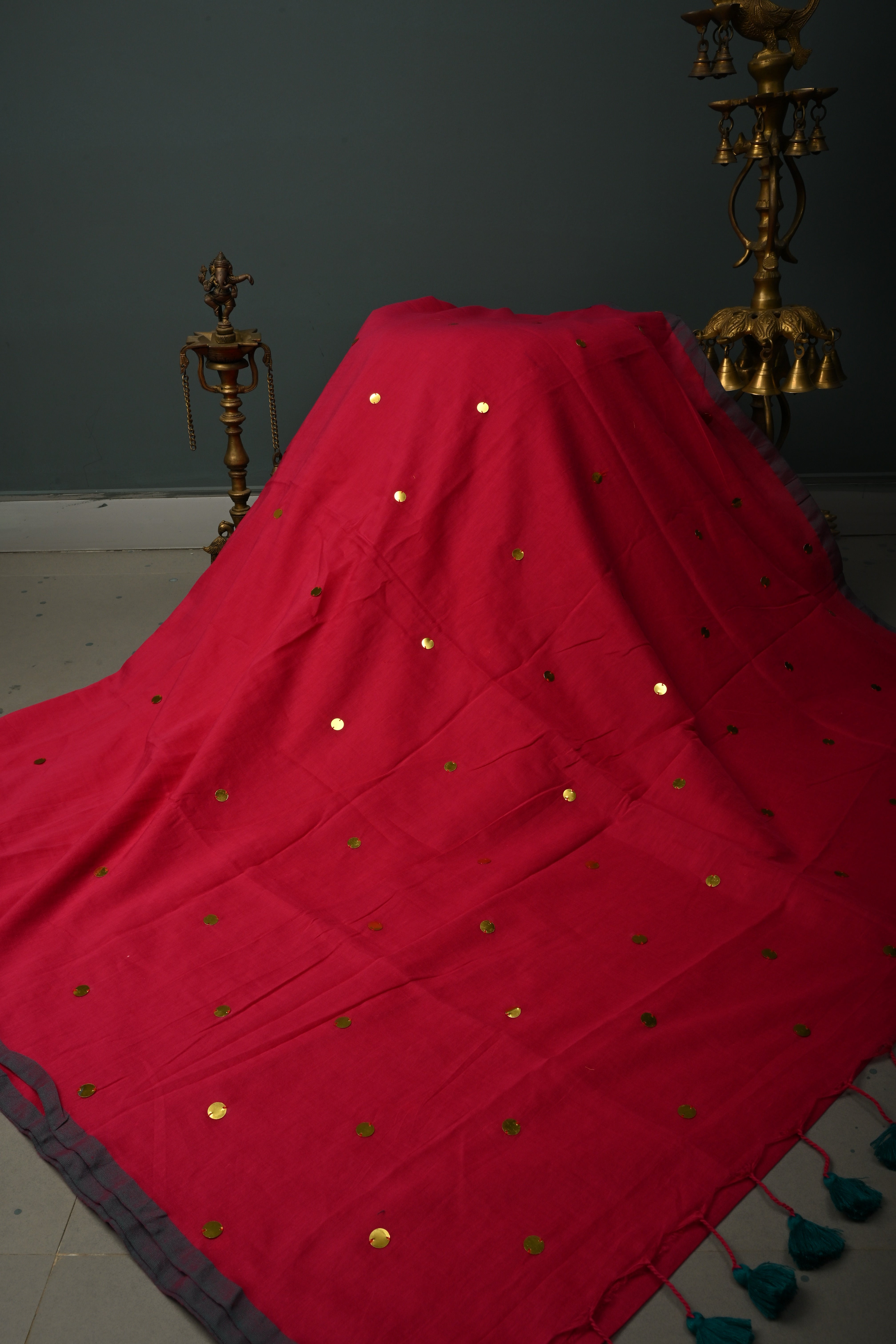 Rani Pink Mercerized Mul Cotton Saree with Tikki Work and Long Tassels, No Blouse Piece | Shobitam