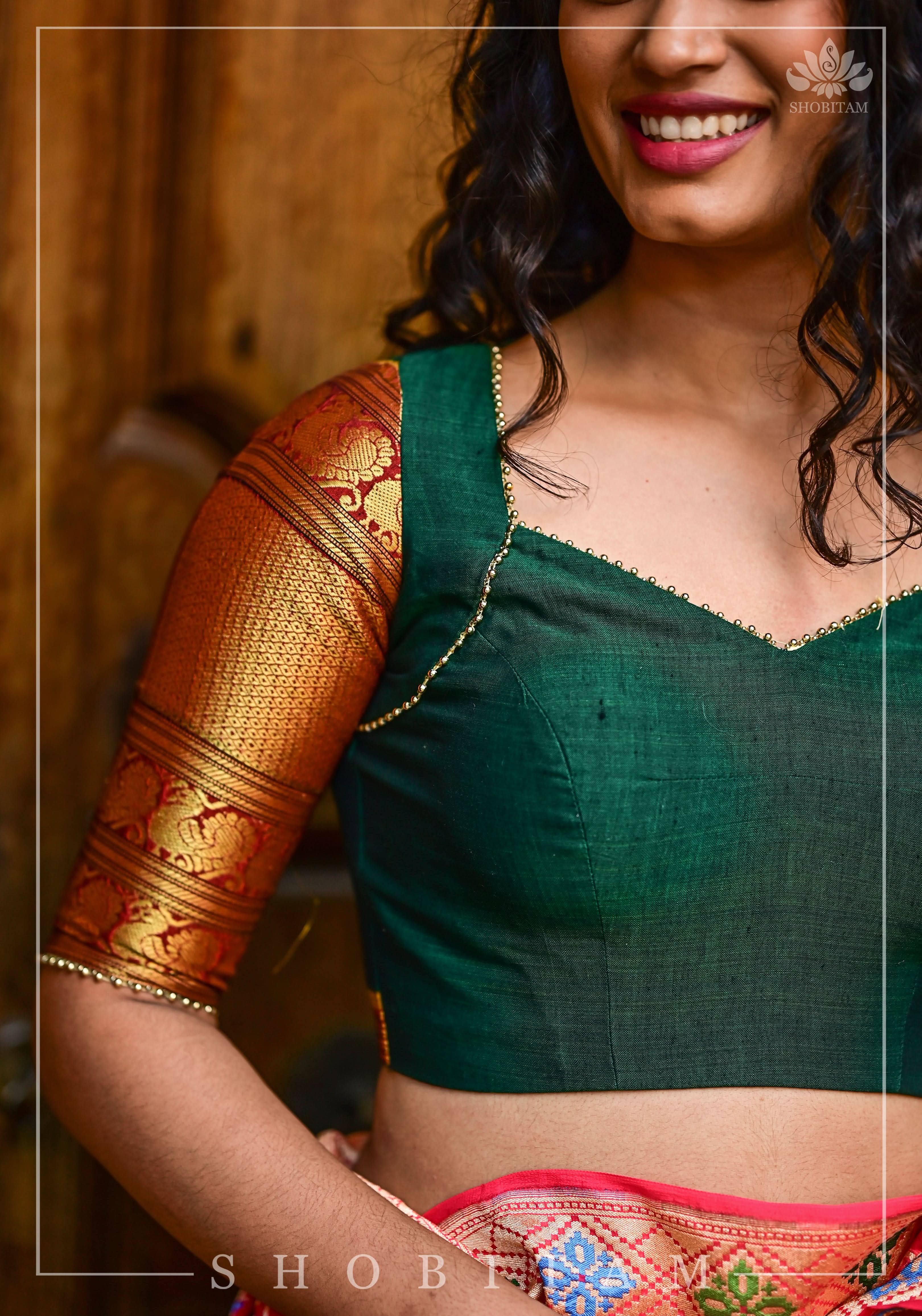 Emerald green narayanpet cotton sweet heart neck armband blouse | Shobitam