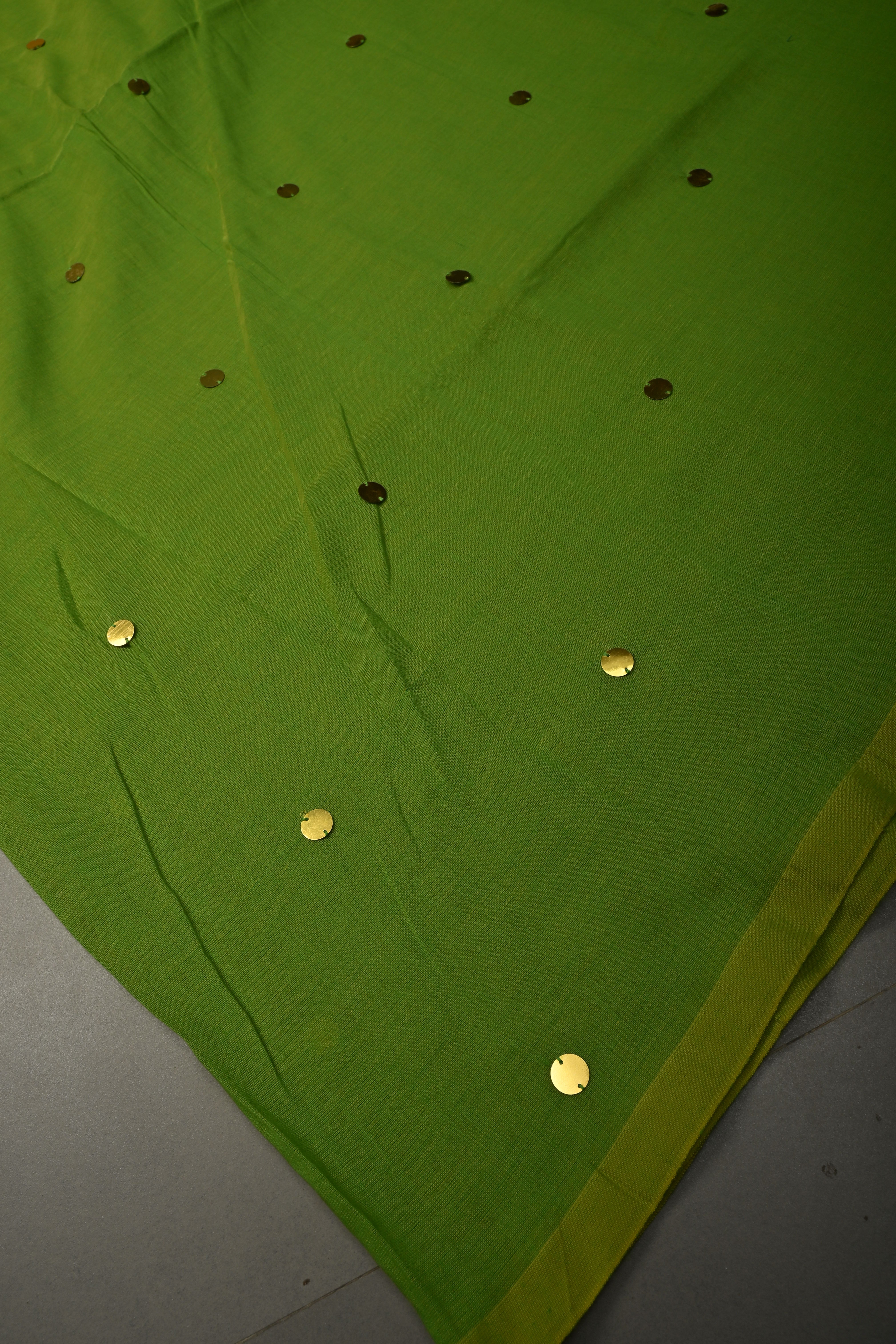 Parrot Green Mercerized Mul Cotton Saree with Tikki Work and Long Tassels, No Blouse Piece | SHOBITAM