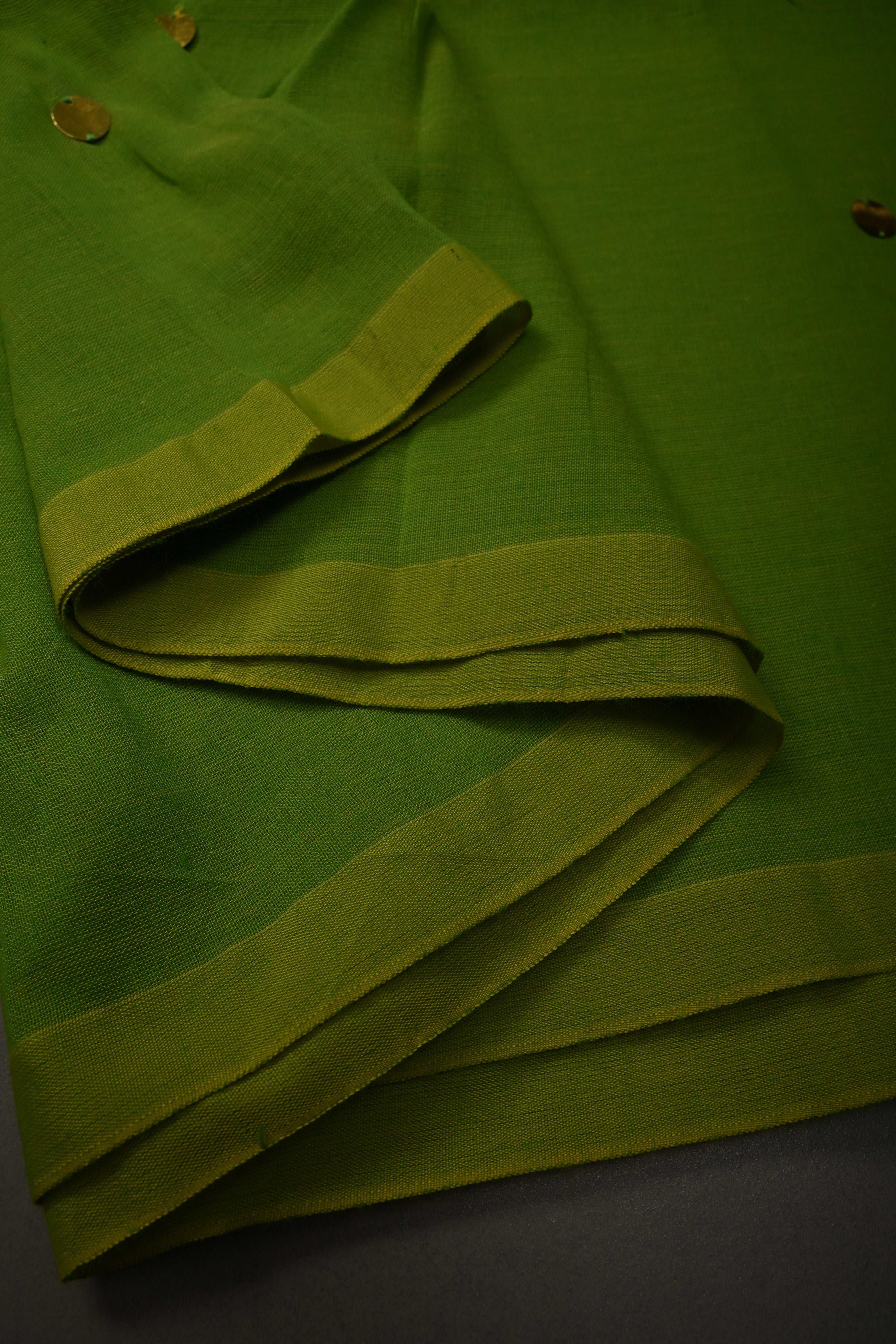 Parrot Green Mercerized Mul Cotton Saree with Tikki Work and Long Tassels, No Blouse Piece | SHOBITAM