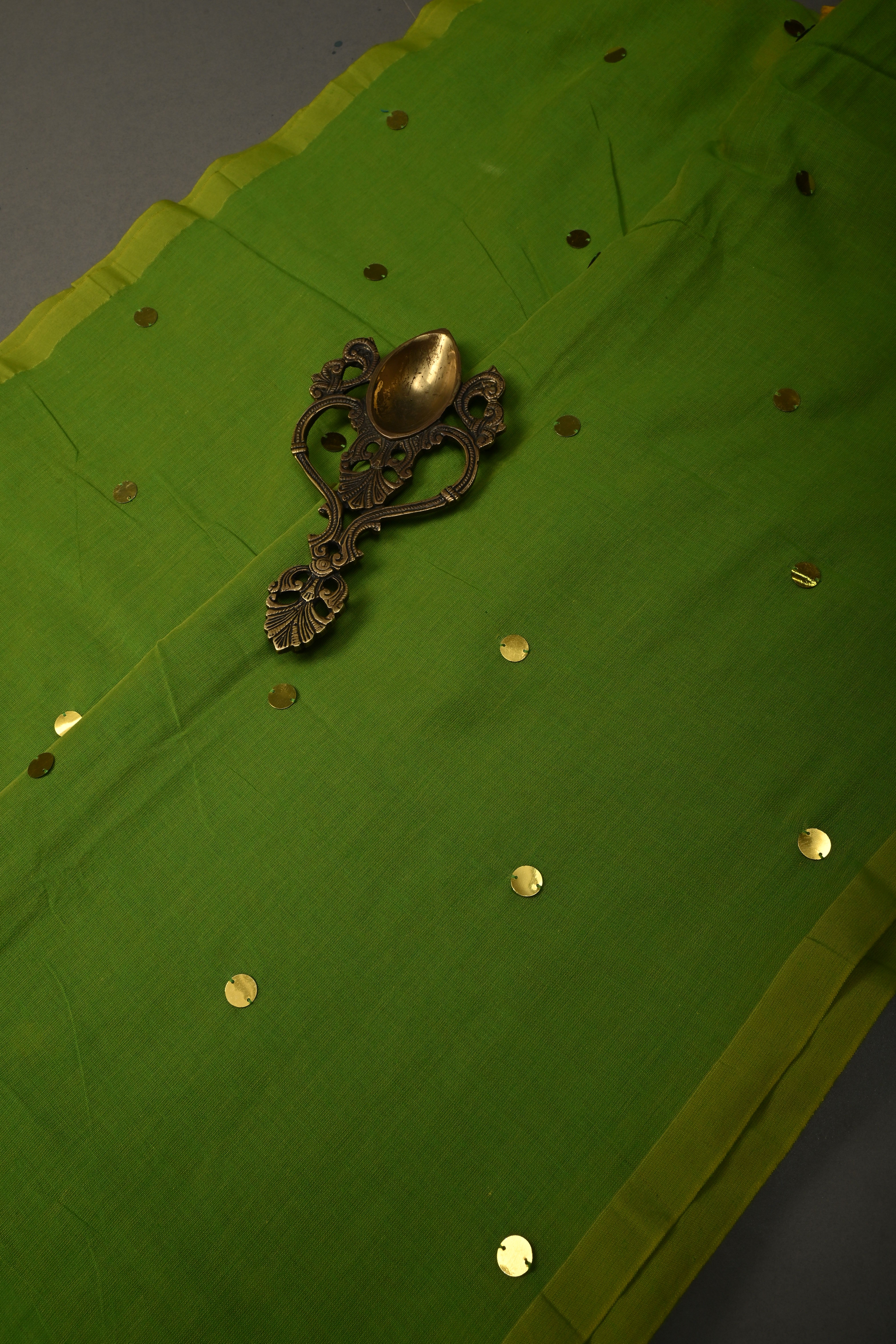 Parrot Green Mercerized Mul Cotton Saree with Tikki Work and Long Tassels, No Blouse Piece | SHOBITAM