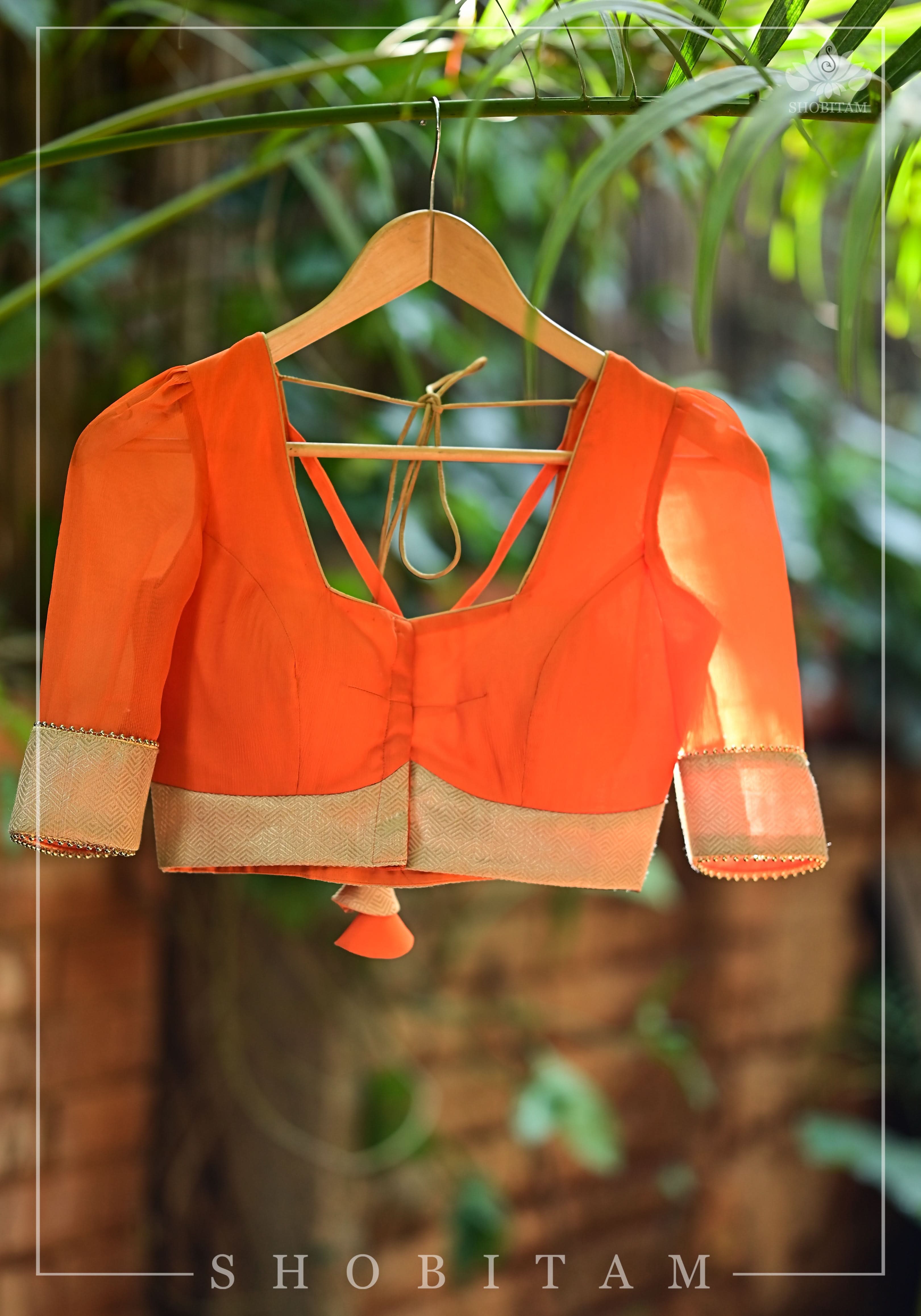Orange chiffon & Gold brocade Square neck blouse with back detailing | Shobitam