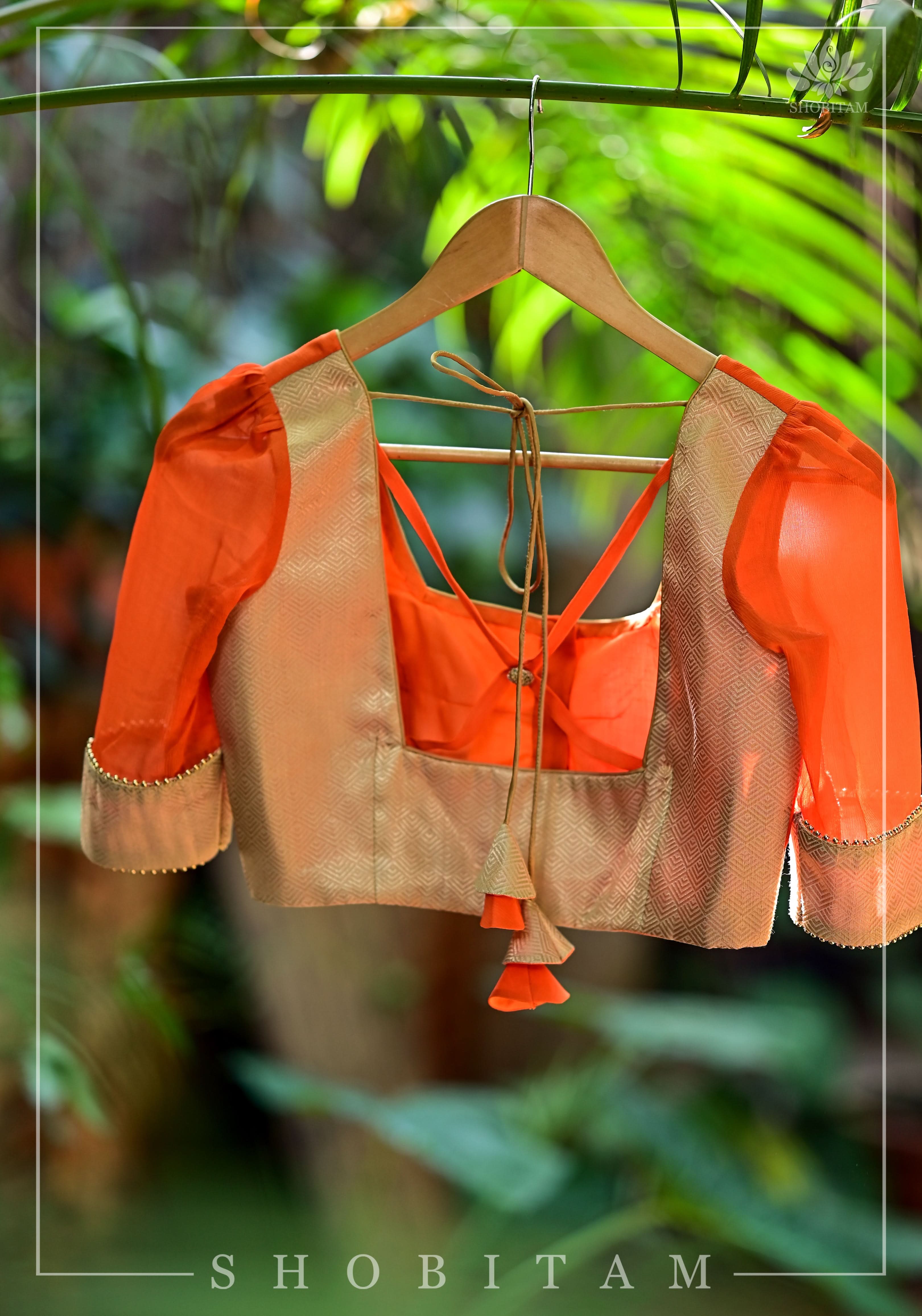 Orange chiffon & Gold brocade Square neck blouse with back detailing | Shobitam