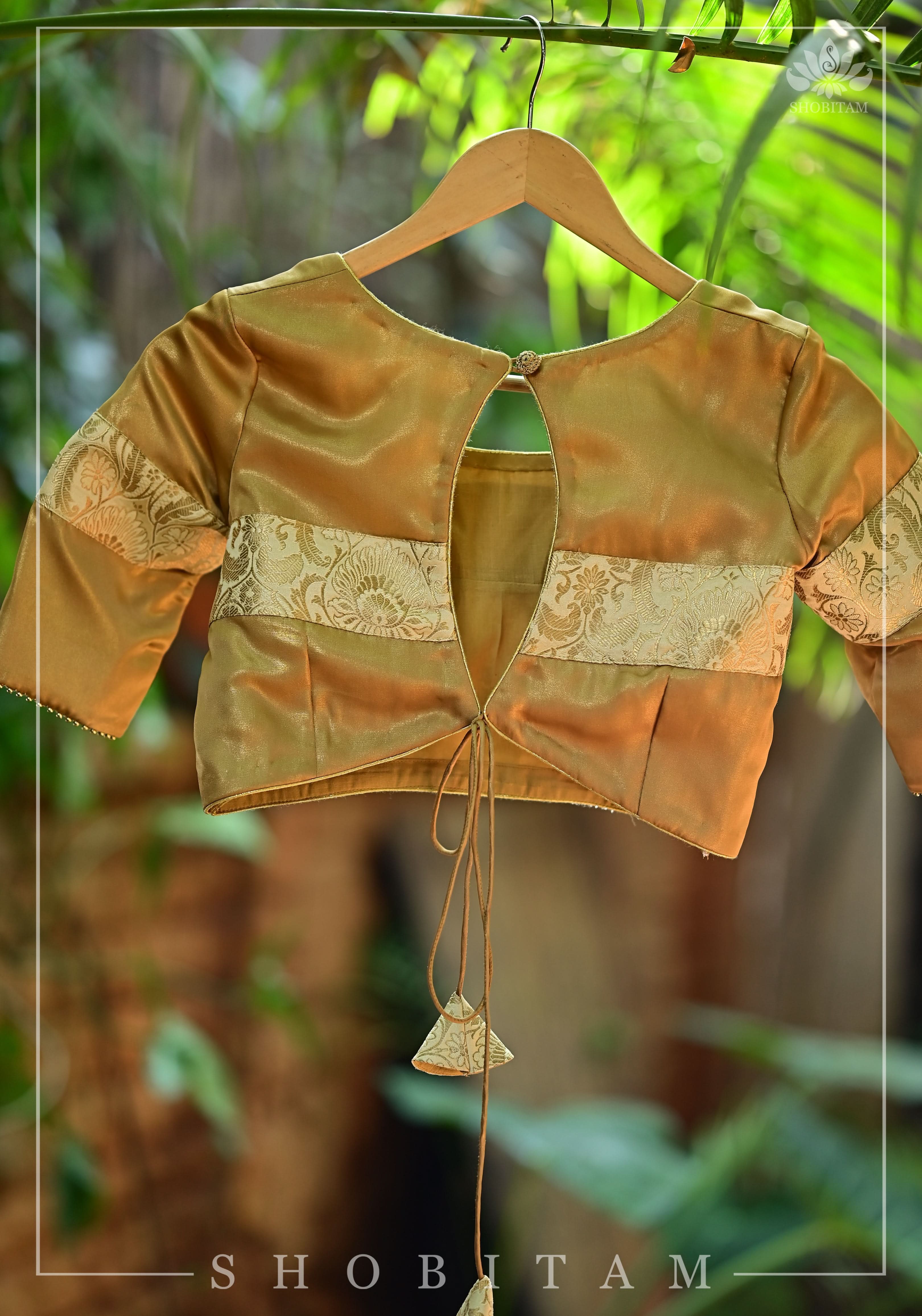 Gold tone Blouse with Tan Banarasi band and keyhole back | Shobitam