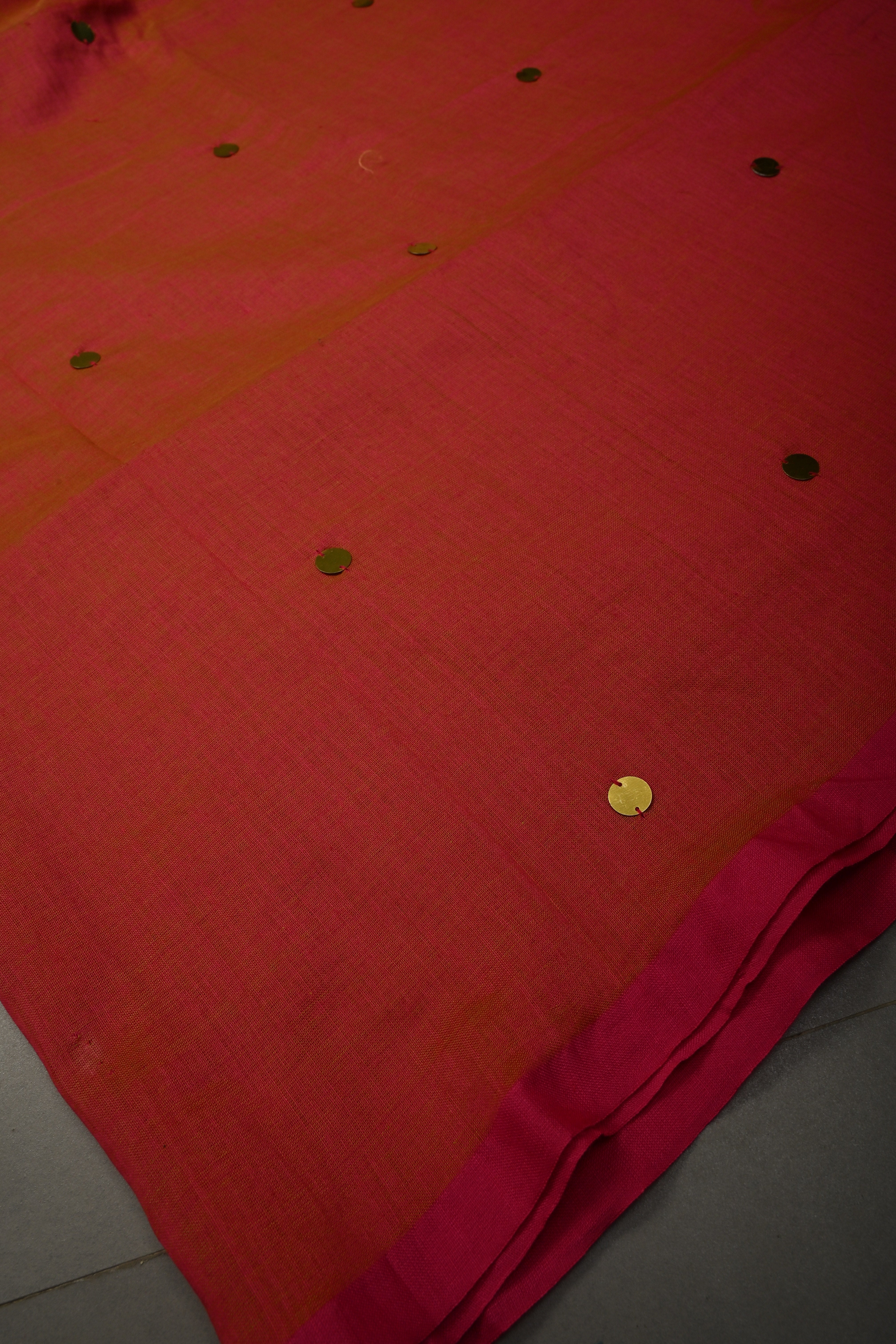 Orange-Pink Dual Tone Mercerized Mul Cotton saree in With Tikki work and Long Tassels, No Blouse Piece | Shobitam