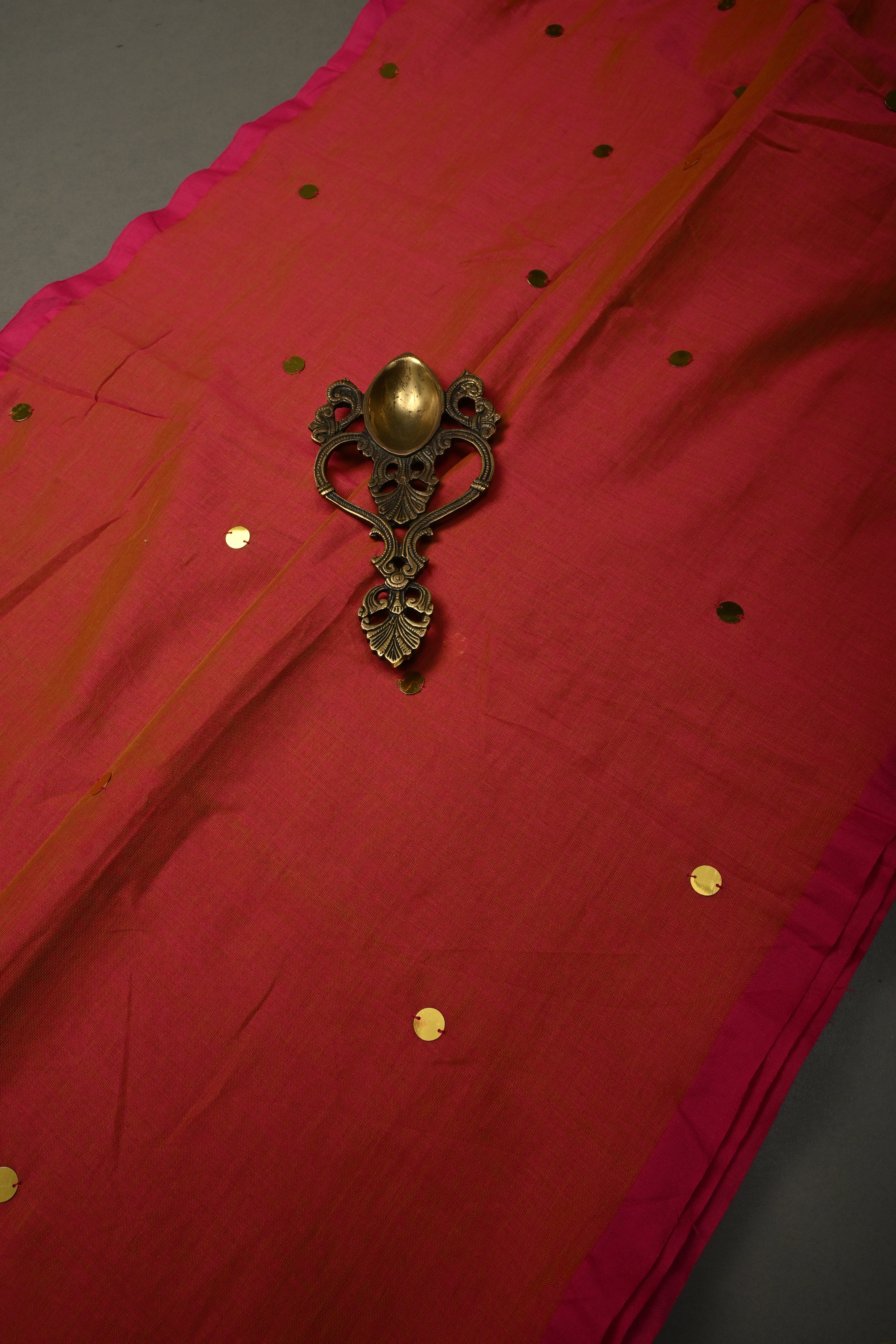 Orange-Pink Dual Tone Mercerized Mul Cotton saree in With Tikki work and Long Tassels, No Blouse Piece | Shobitam