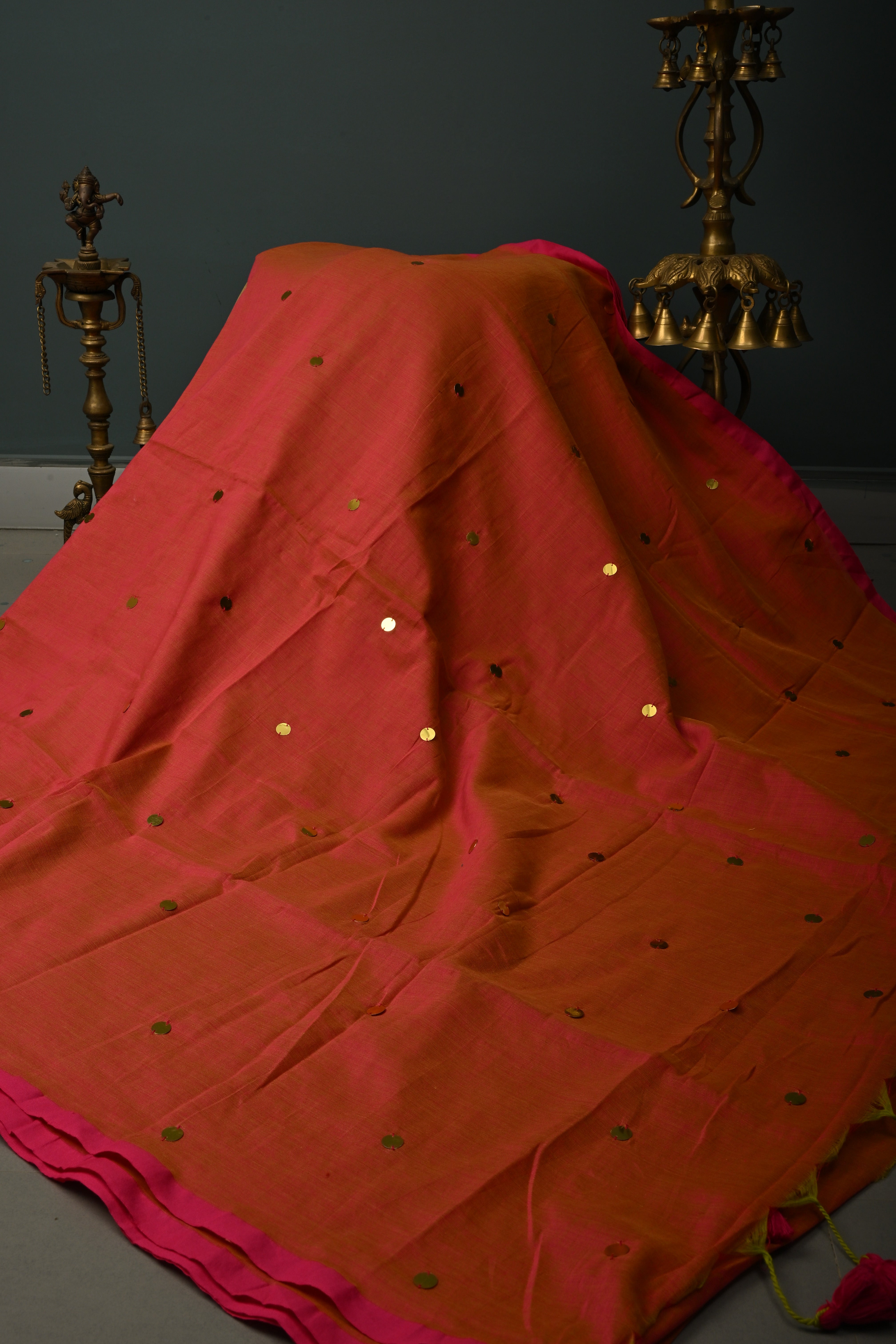 Orange-Pink Dual Tone Mercerized Mul Cotton saree in With Tikki work and Long Tassels, No Blouse Piece | Shobitam