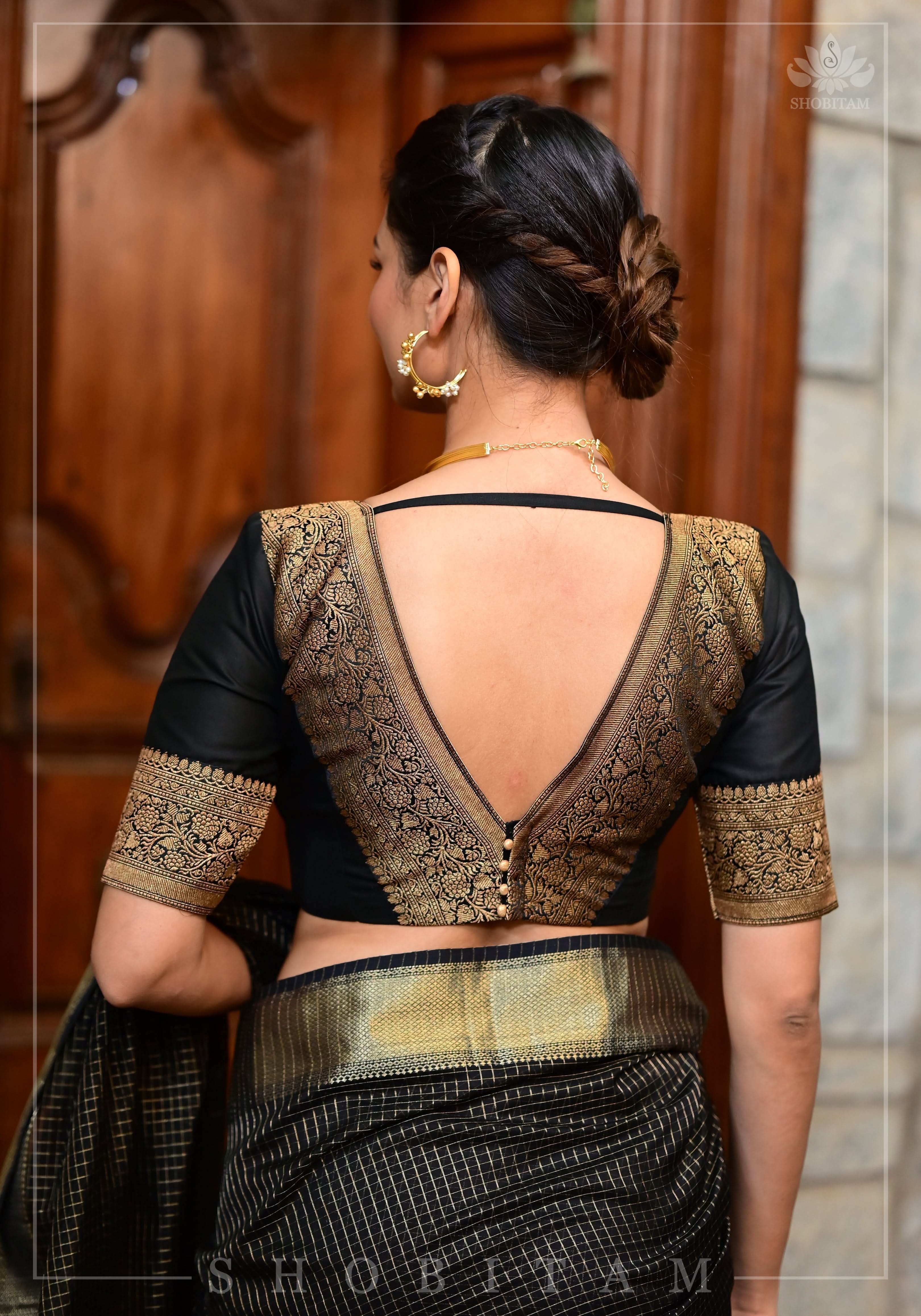 Black Blouse with Plunge Neck and Antique Tone Zari Detailing | Shobitam