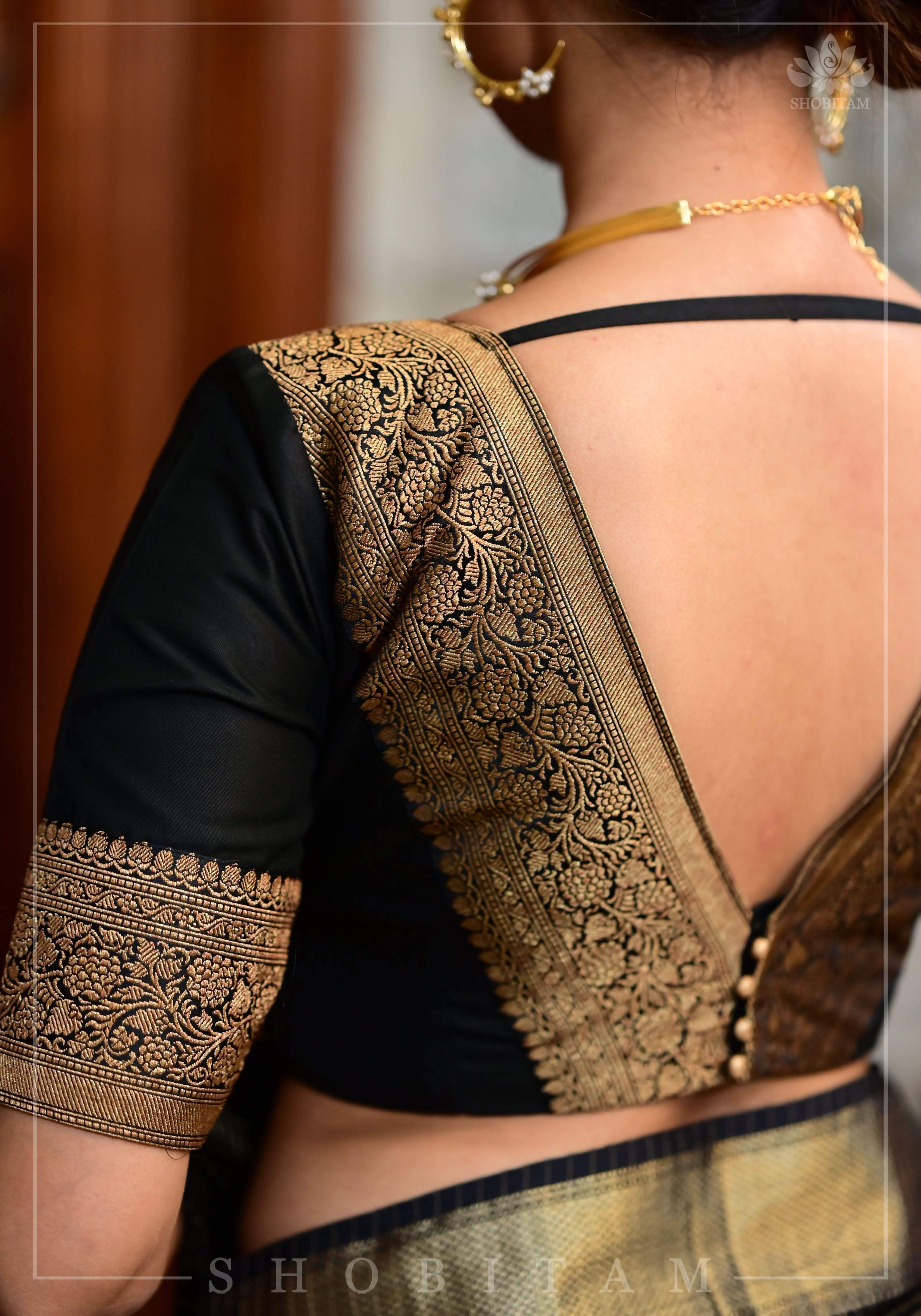 Black Blouse with Plunge Neck and Antique Tone Zari Detailing | Shobitam