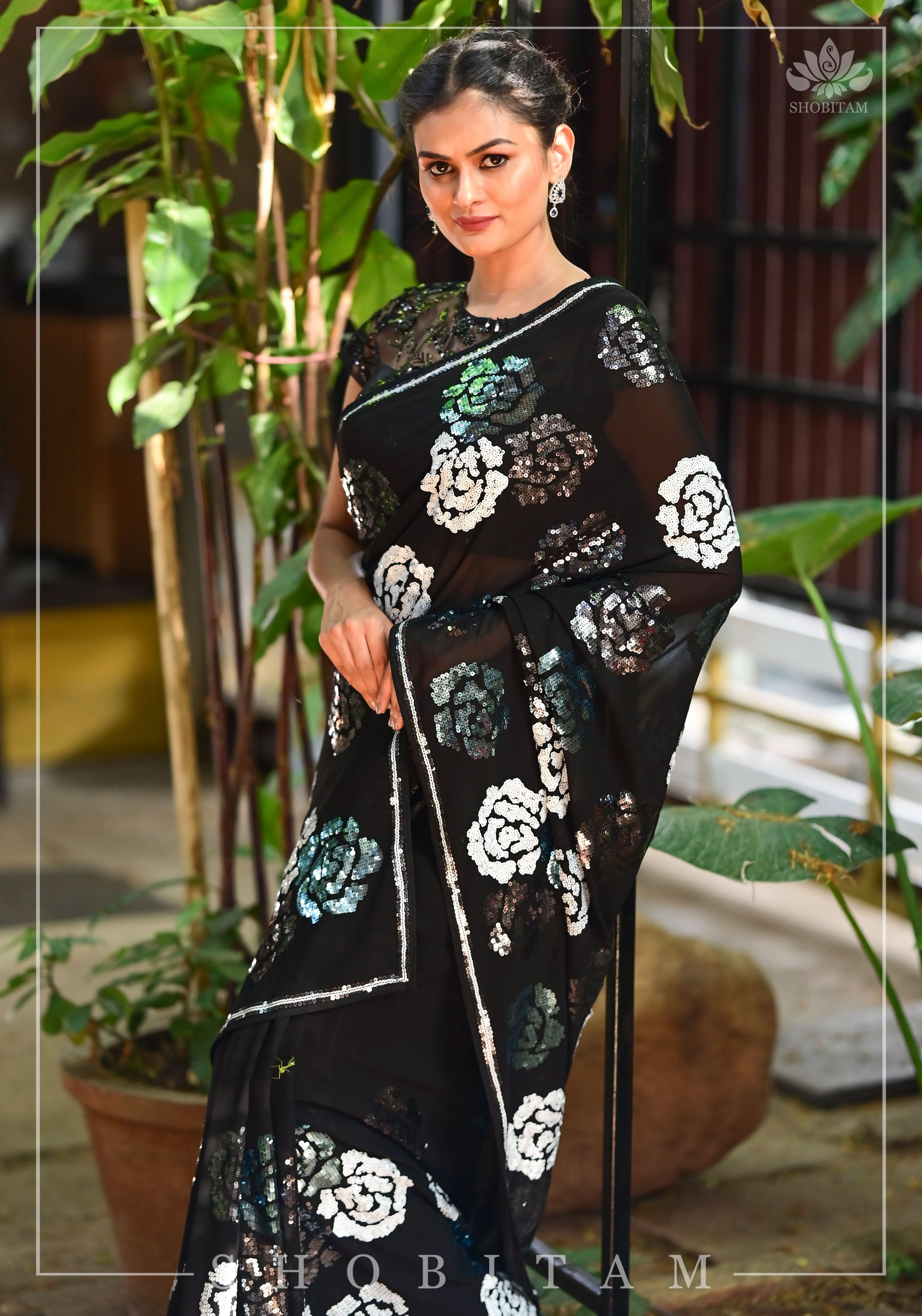 Georgette Saree with Rose Sequin work in Black | Shobitam