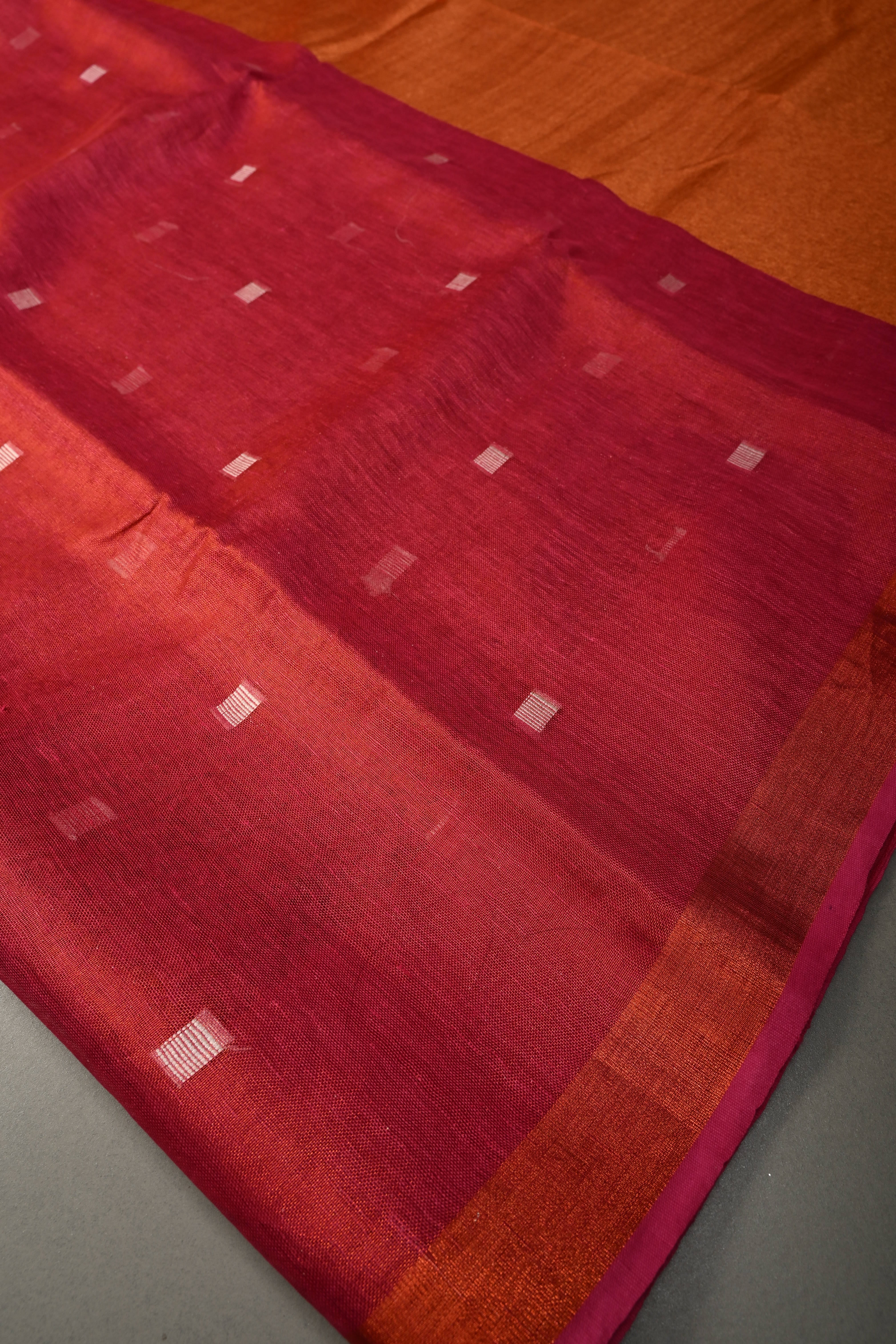Pink Tissue Linen Saree with Resham Buttas and Minimal Zari Border | Shobitam