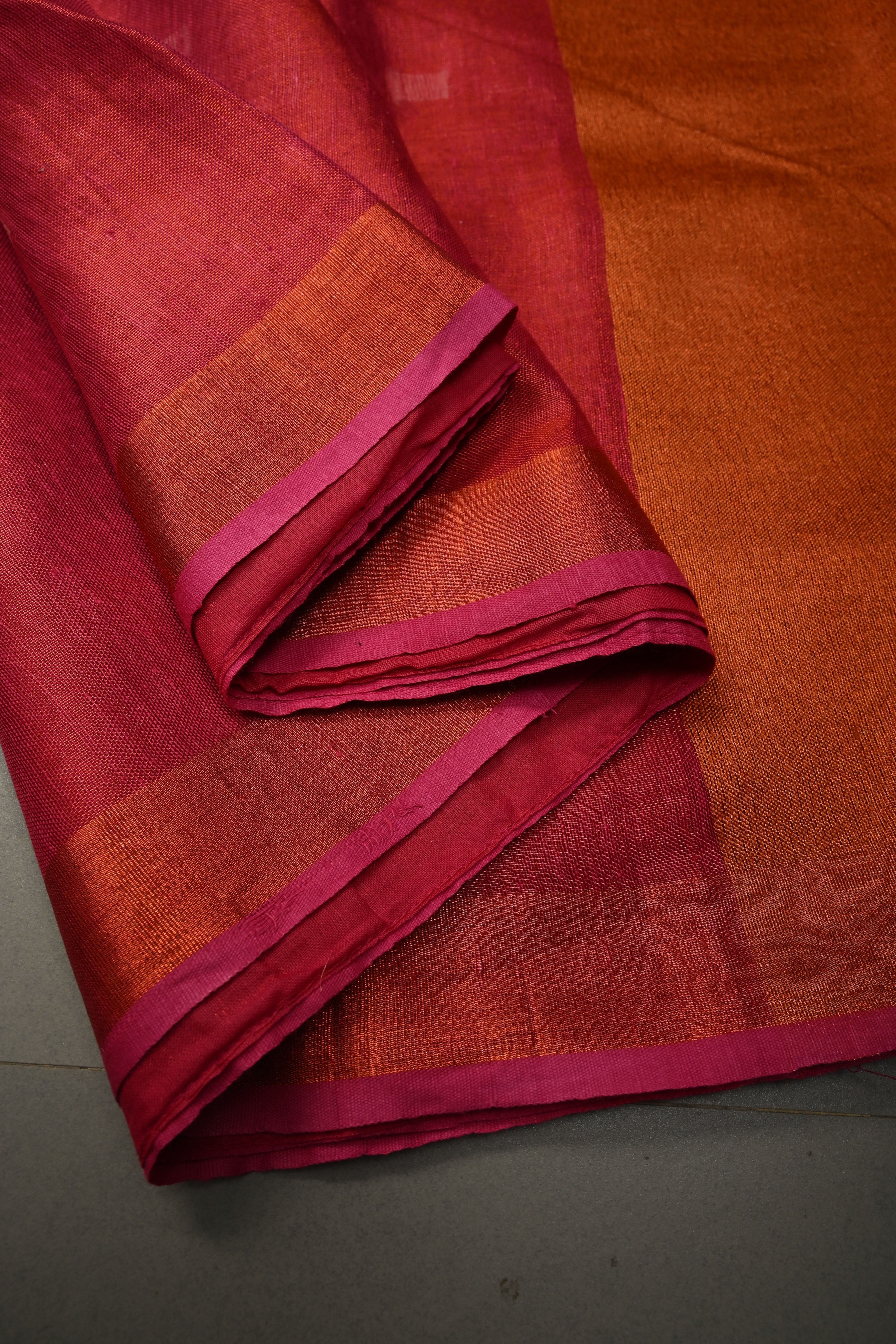 Pink Tissue Linen Saree with Resham Buttas and Minimal Zari Border | Shobitam