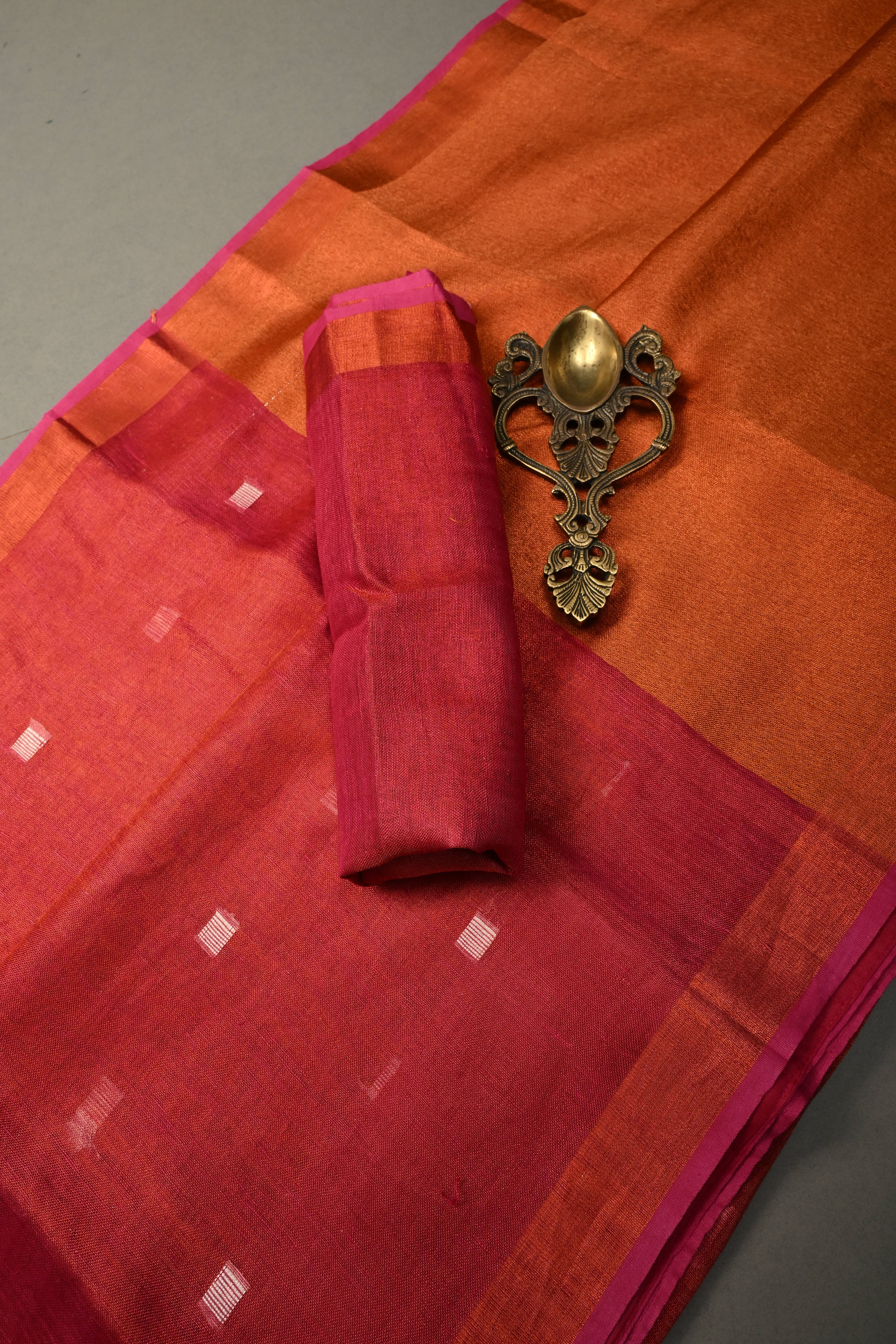 Pink Tissue Linen Saree with Resham Buttas and Minimal Zari Border | Shobitam