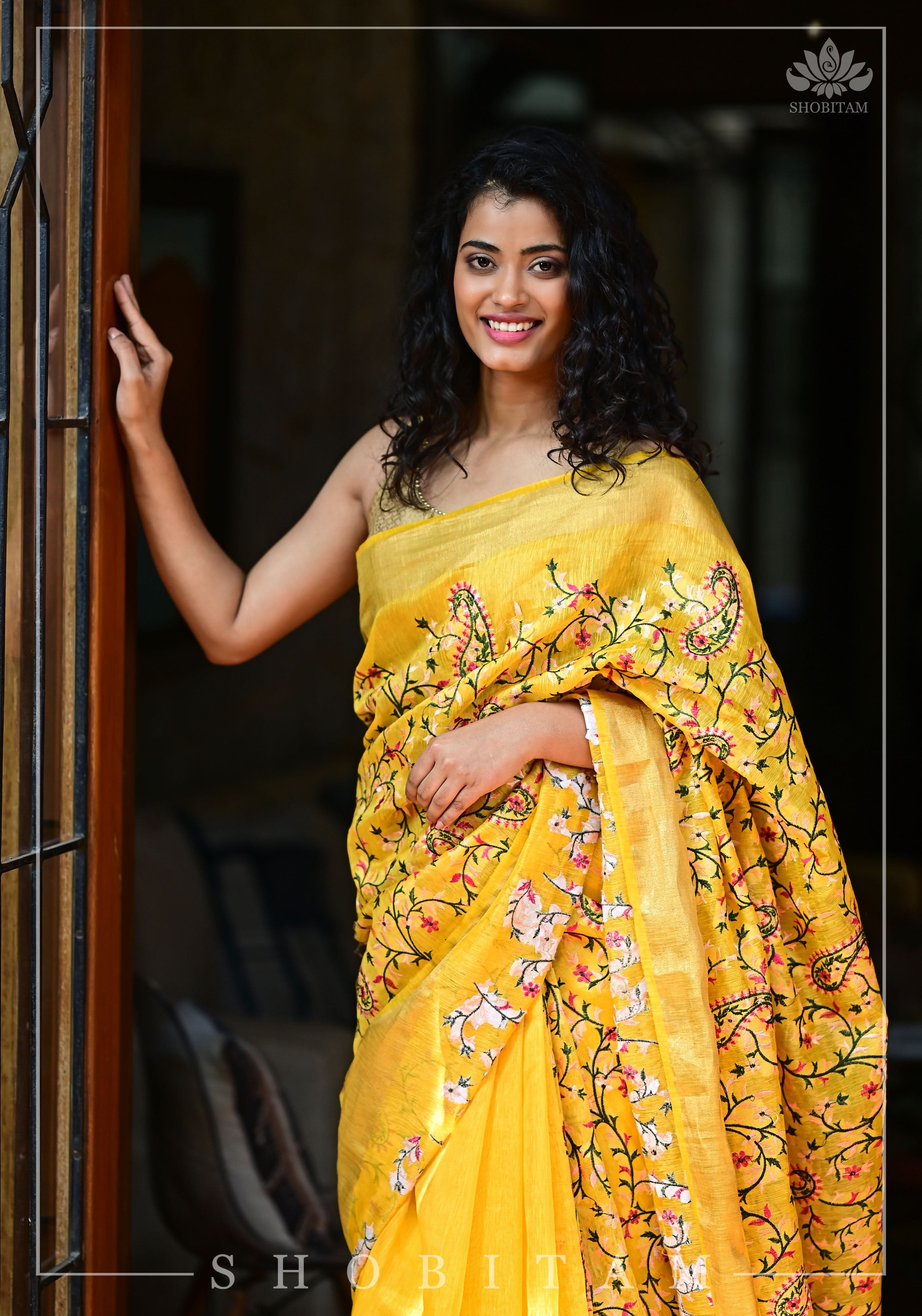 Silk Linen Saree in Yellow with Floral Half Jaal Embroidery | Shobitam