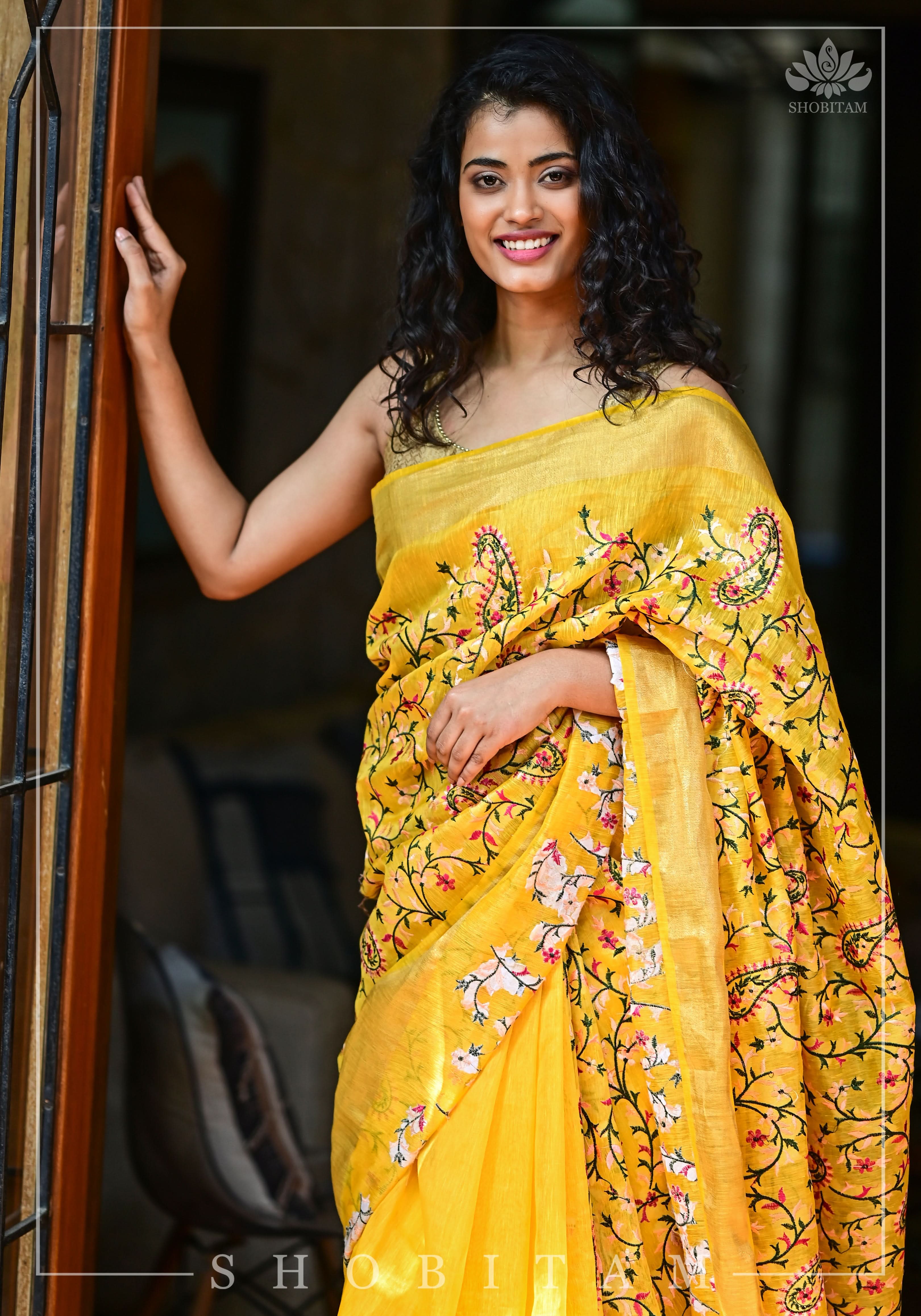 Silk Linen Saree in Yellow with Floral Half Jaal Embroidery | Shobitam