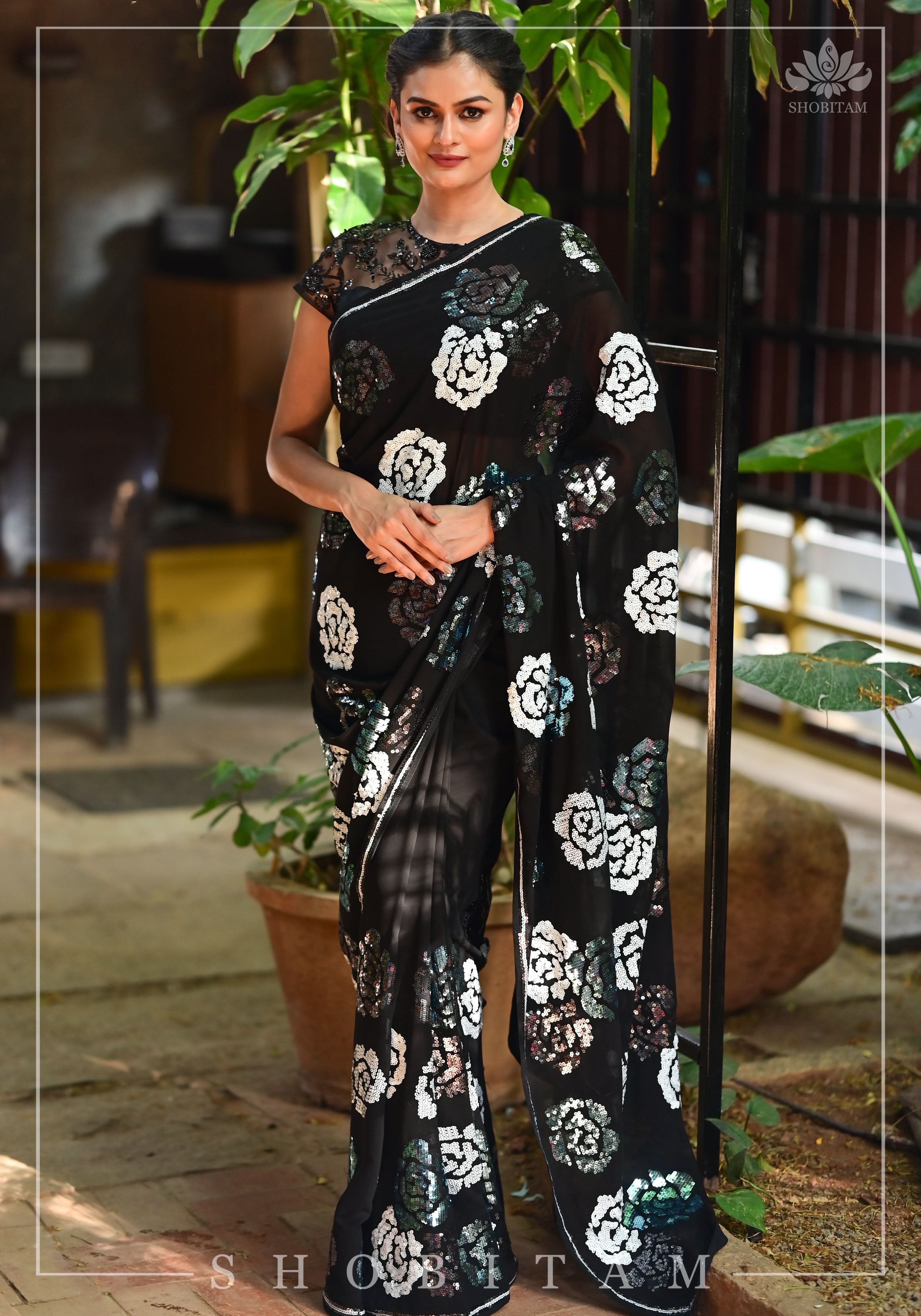 Georgette Saree with Rose Sequin work in Black | Shobitam