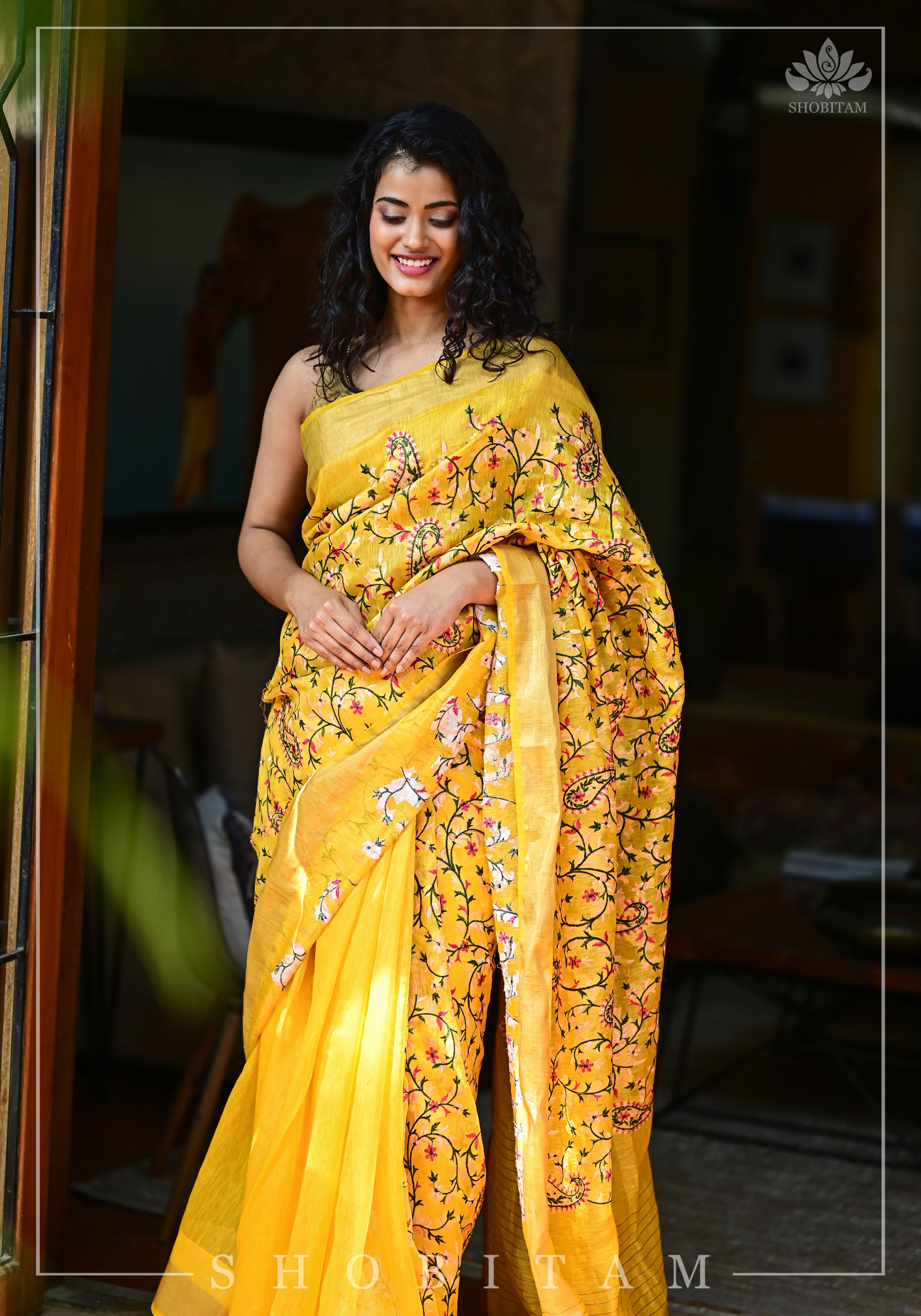 Silk Linen Saree in Yellow with Floral Half Jaal Embroidery | Shobitam