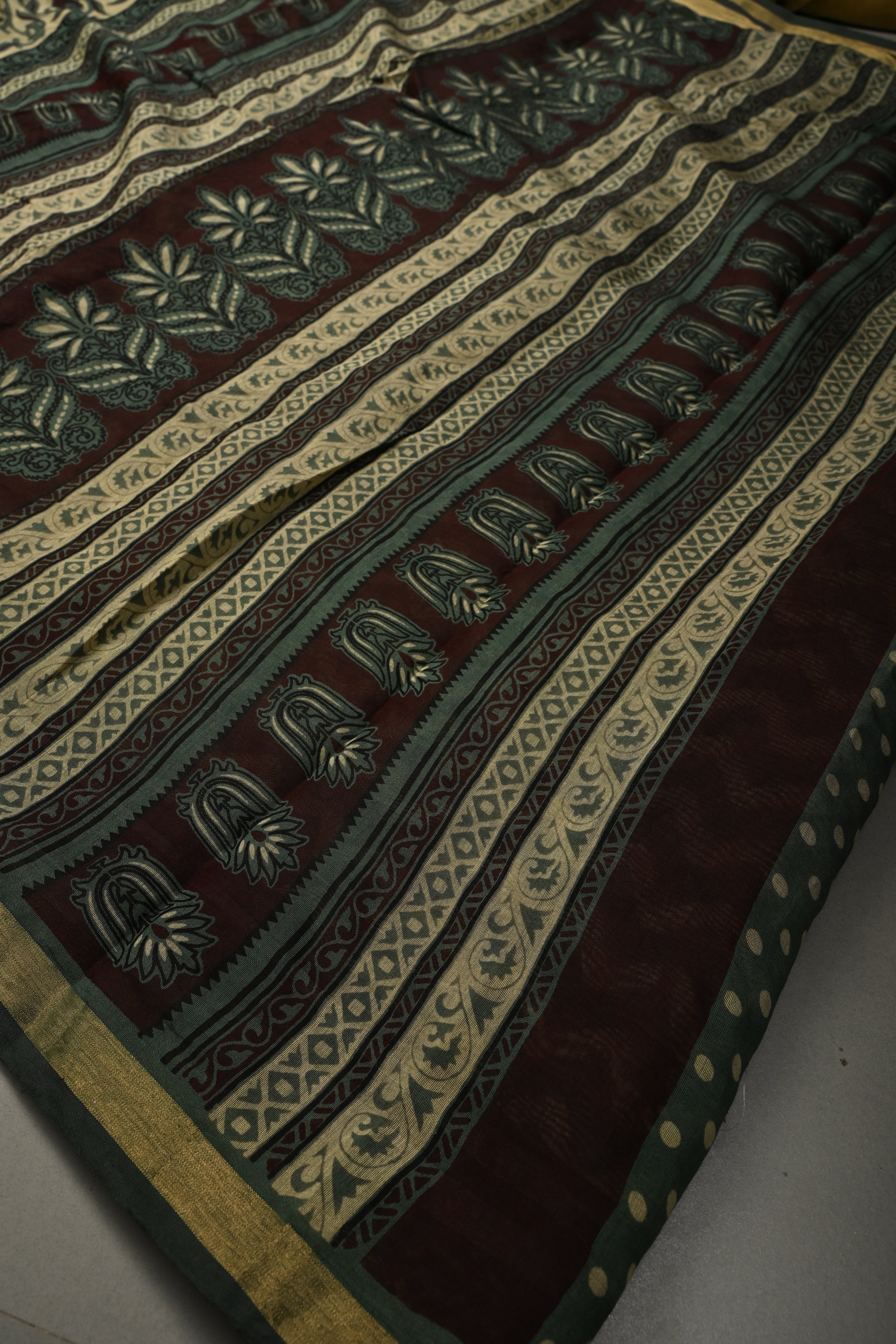 Beige Mercerized cotton Saree with Hand Block Print and Minimal Zari Border | Shobitam