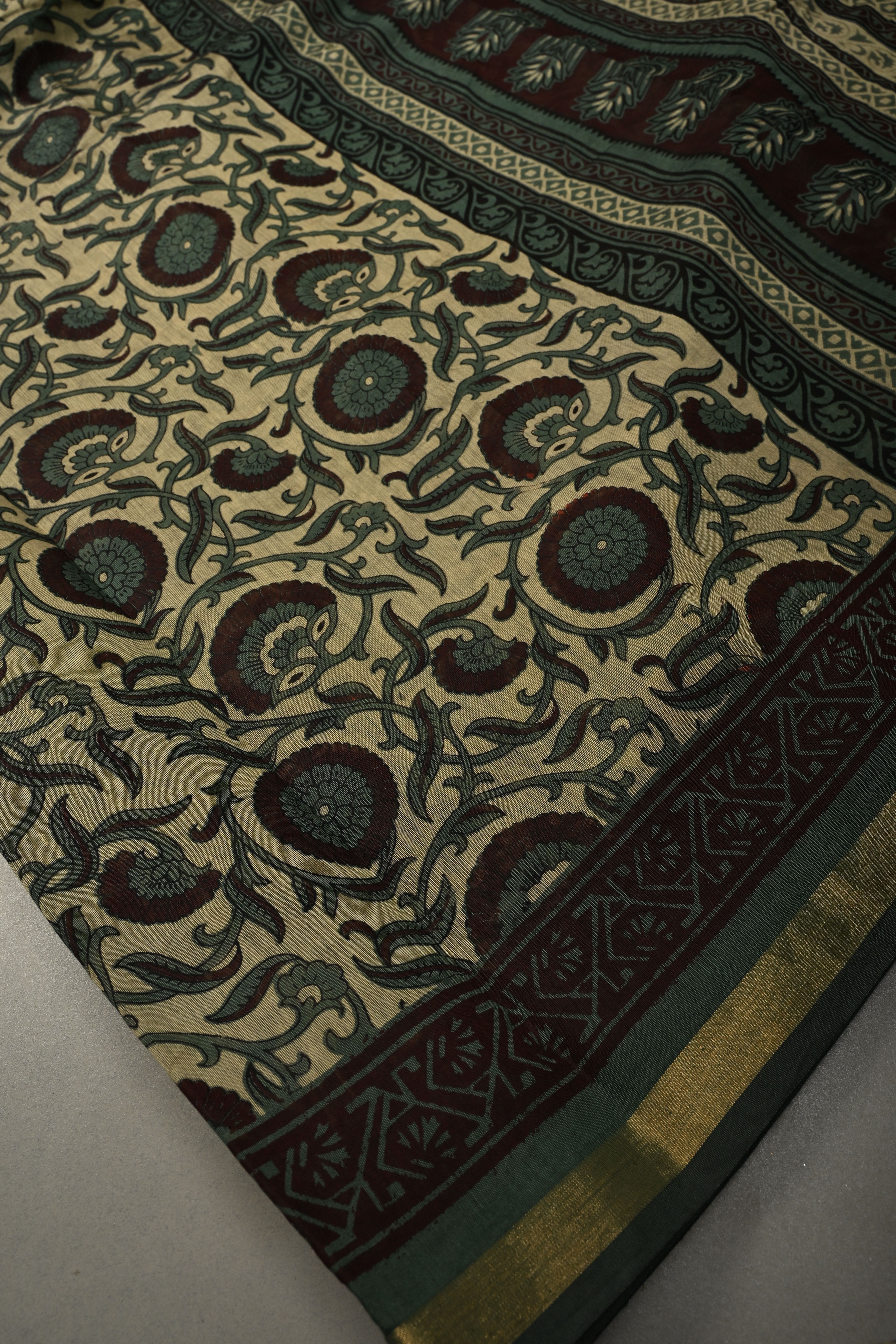 Beige Mercerized cotton Saree with Hand Block Print and Minimal Zari Border | Shobitam