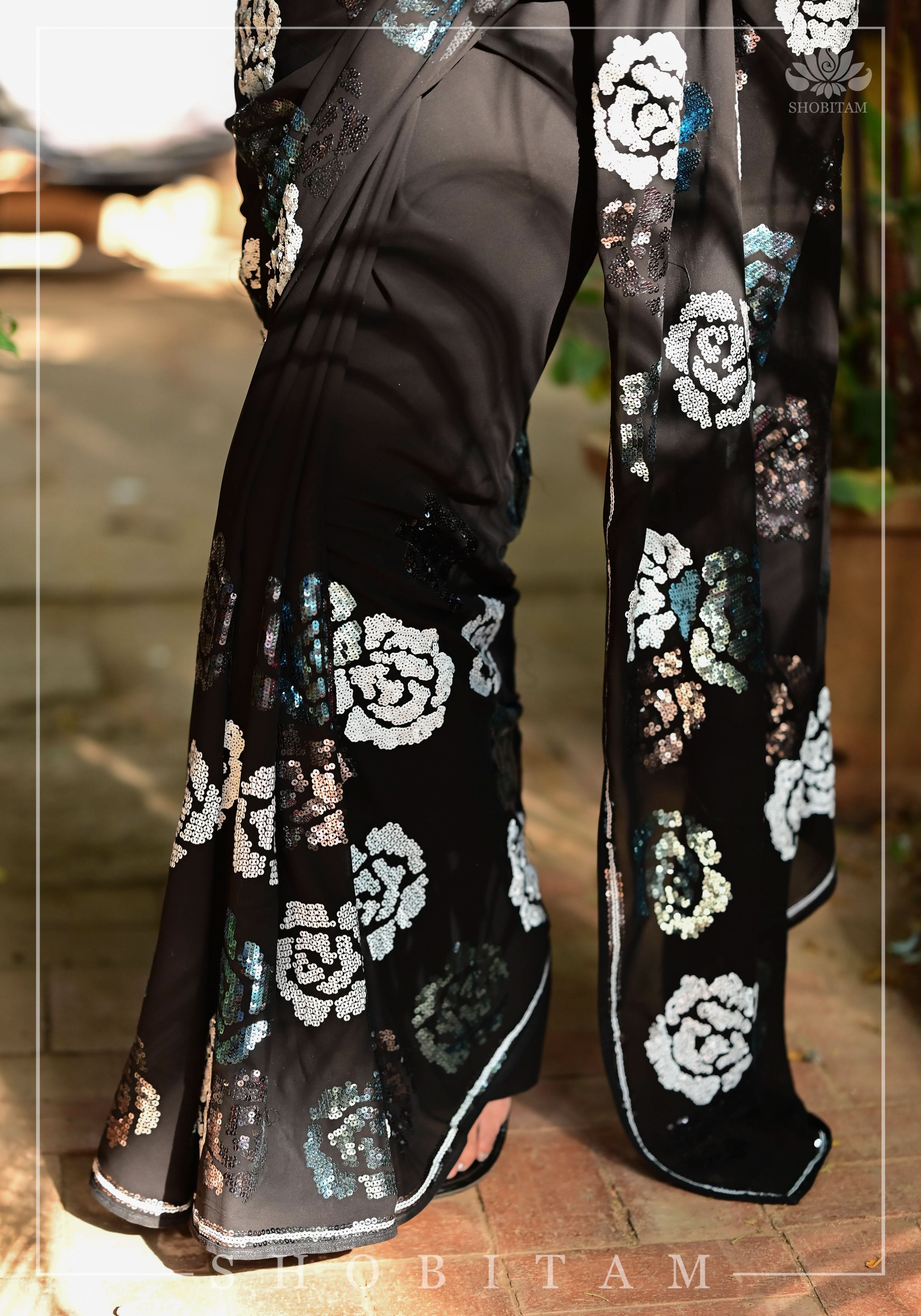 Georgette Saree with Rose Sequin work in Black | Shobitam