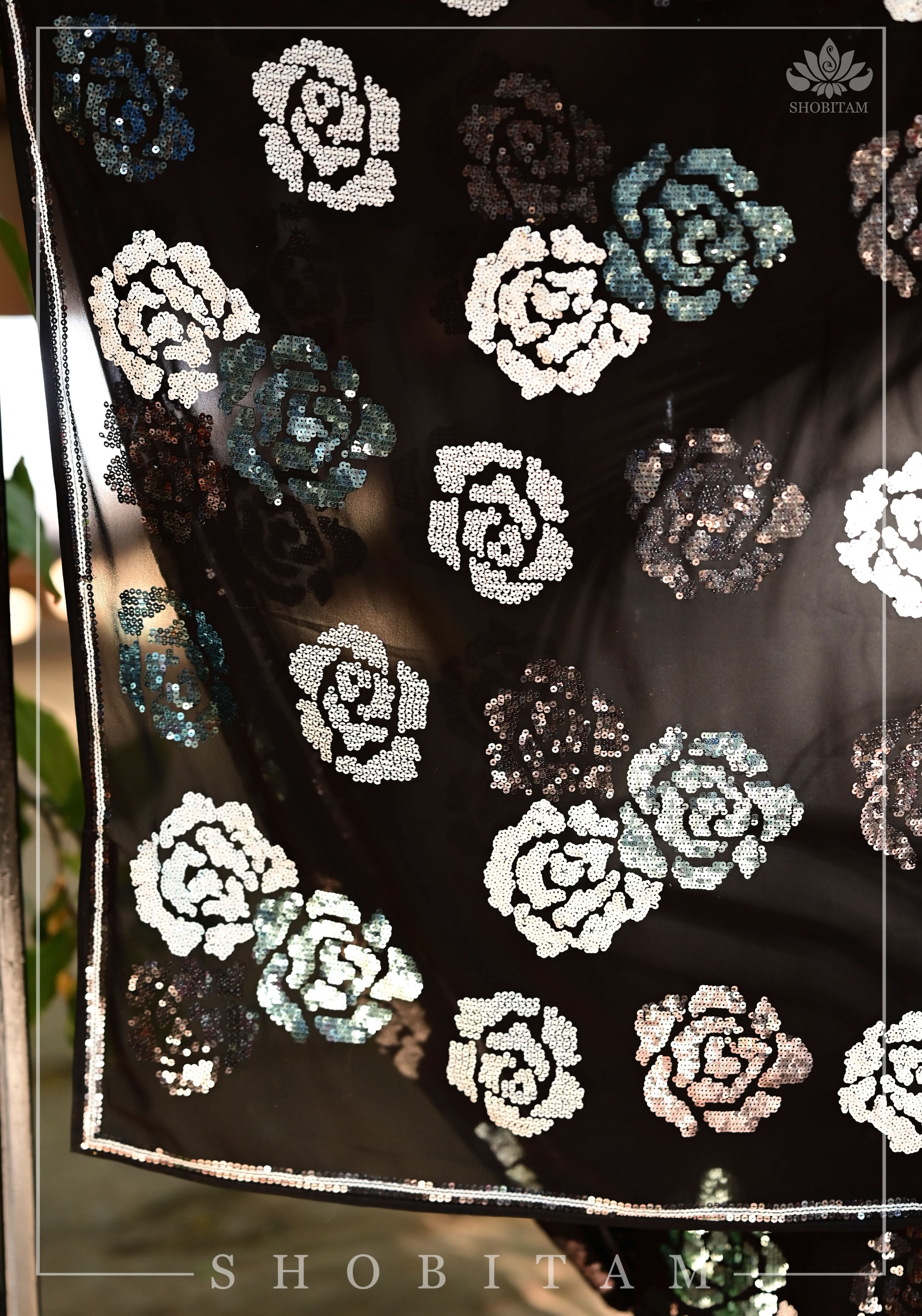 Georgette Saree with Rose Sequin work in Black | Shobitam