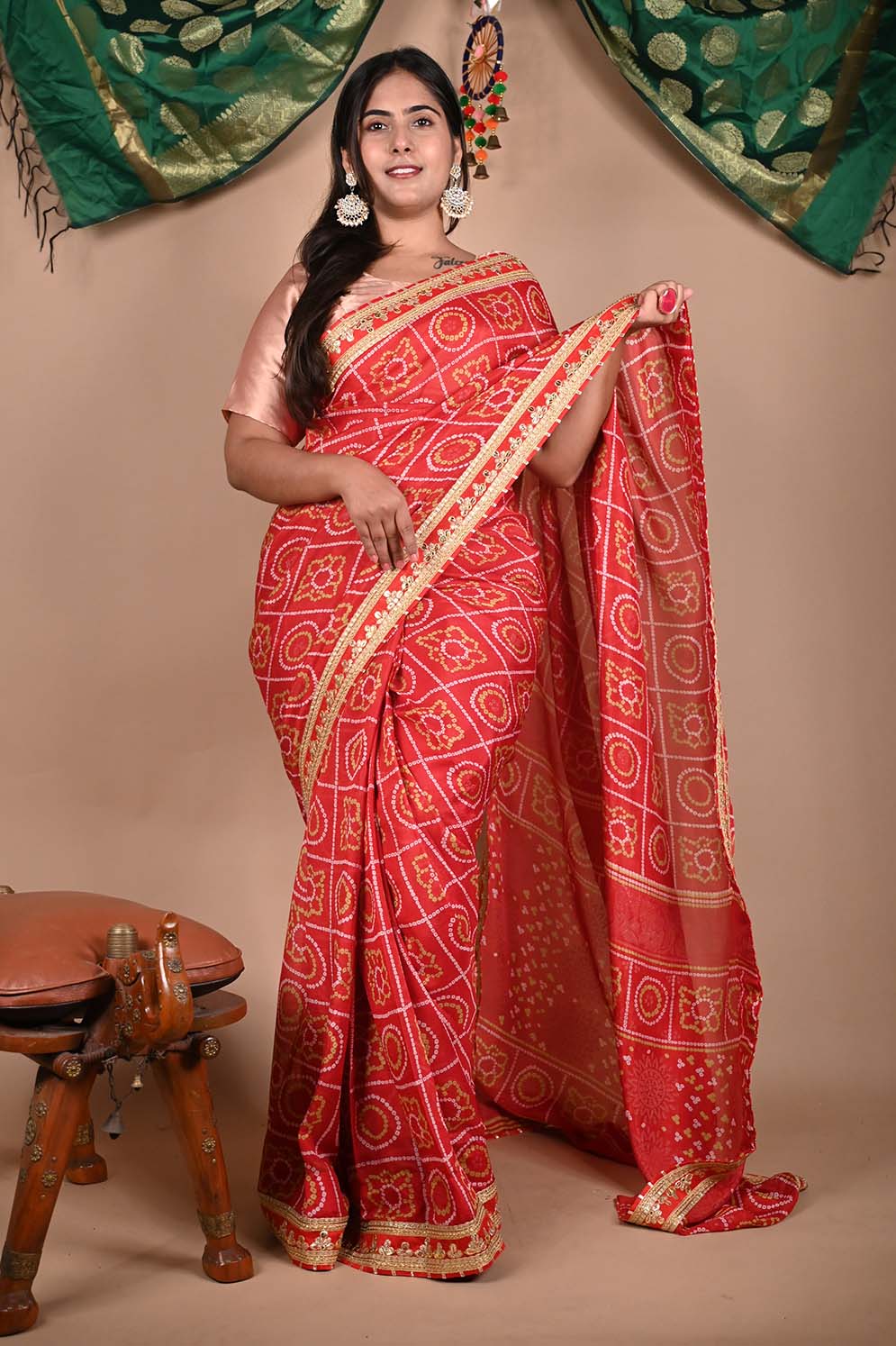 GEORGETTE SATIN SILK BANDHANI READY TO WEAR SAREE WITH TRADITIONAL RAJASTHANI GOTA PATTI BORDER - Isadora Life