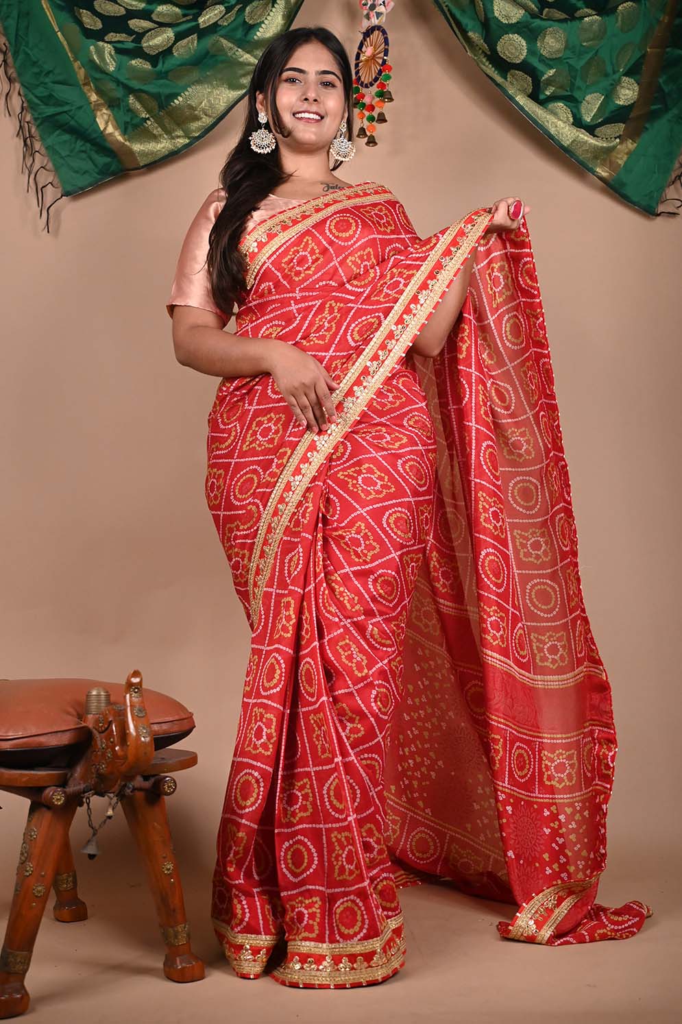 GEORGETTE SATIN SILK BANDHANI READY TO WEAR SAREE WITH TRADITIONAL RAJASTHANI GOTA PATTI BORDER - Isadora Life