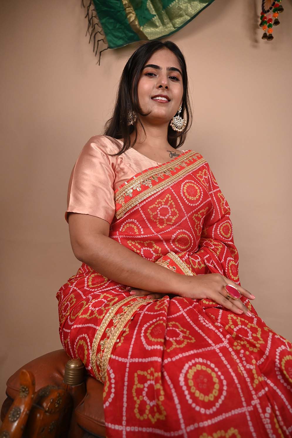 GEORGETTE SATIN SILK BANDHANI READY TO WEAR SAREE WITH TRADITIONAL RAJASTHANI GOTA PATTI BORDER - Isadora Life