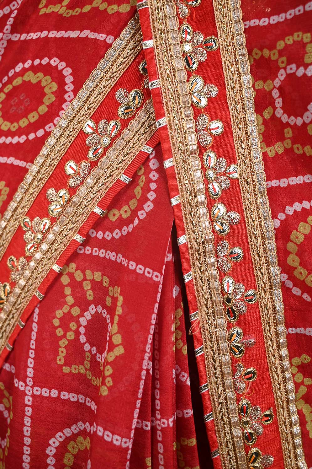 GEORGETTE SATIN SILK BANDHANI READY TO WEAR SAREE WITH TRADITIONAL RAJASTHANI GOTA PATTI BORDER - Isadora Life