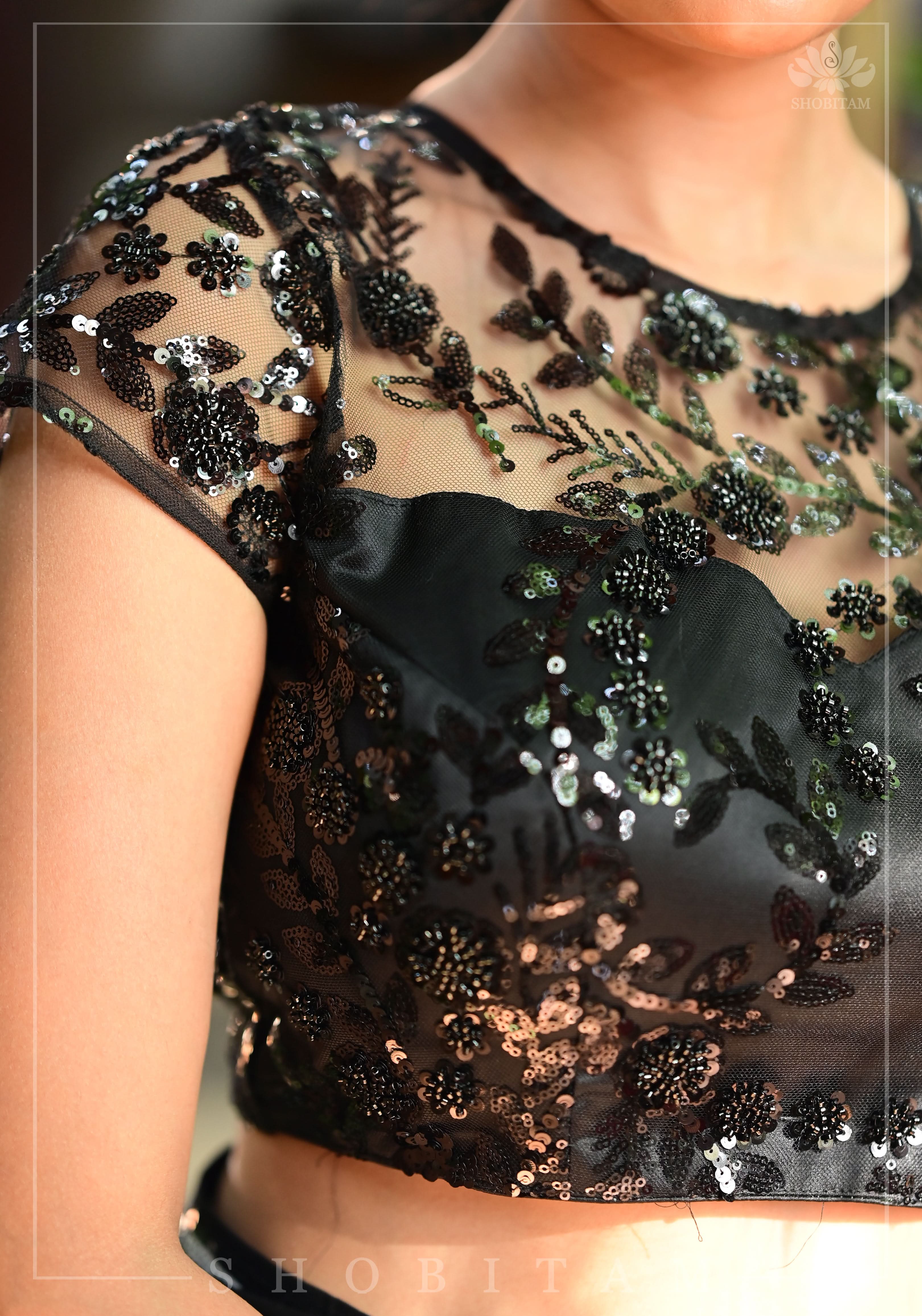 Stunning Black Net Blouse with Sheer Yoke and Shimmering Black Floral Design Sequins | Shobitam