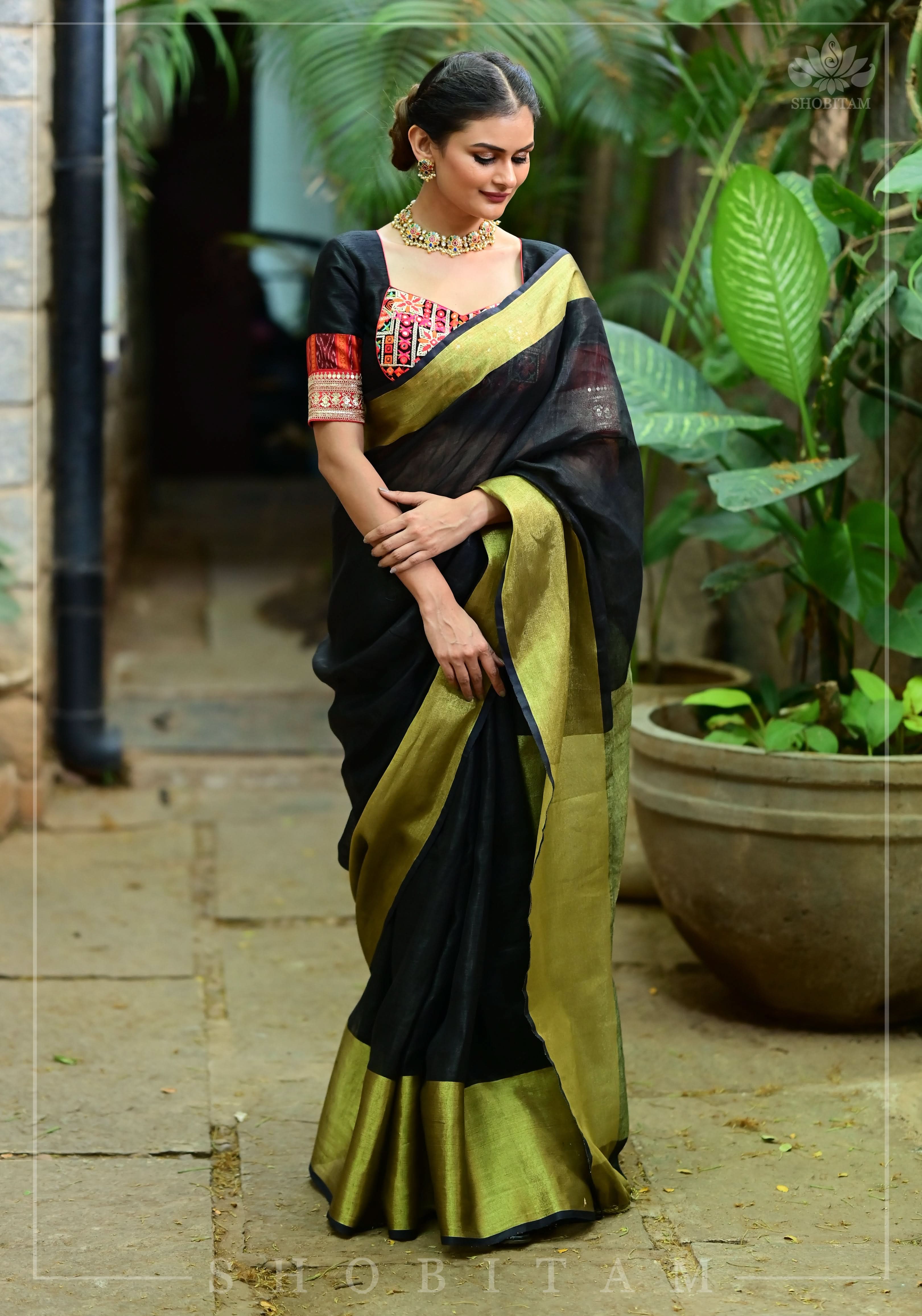 Wide Antique Golden Border Linen by Linen Saree in Black | Shobitam