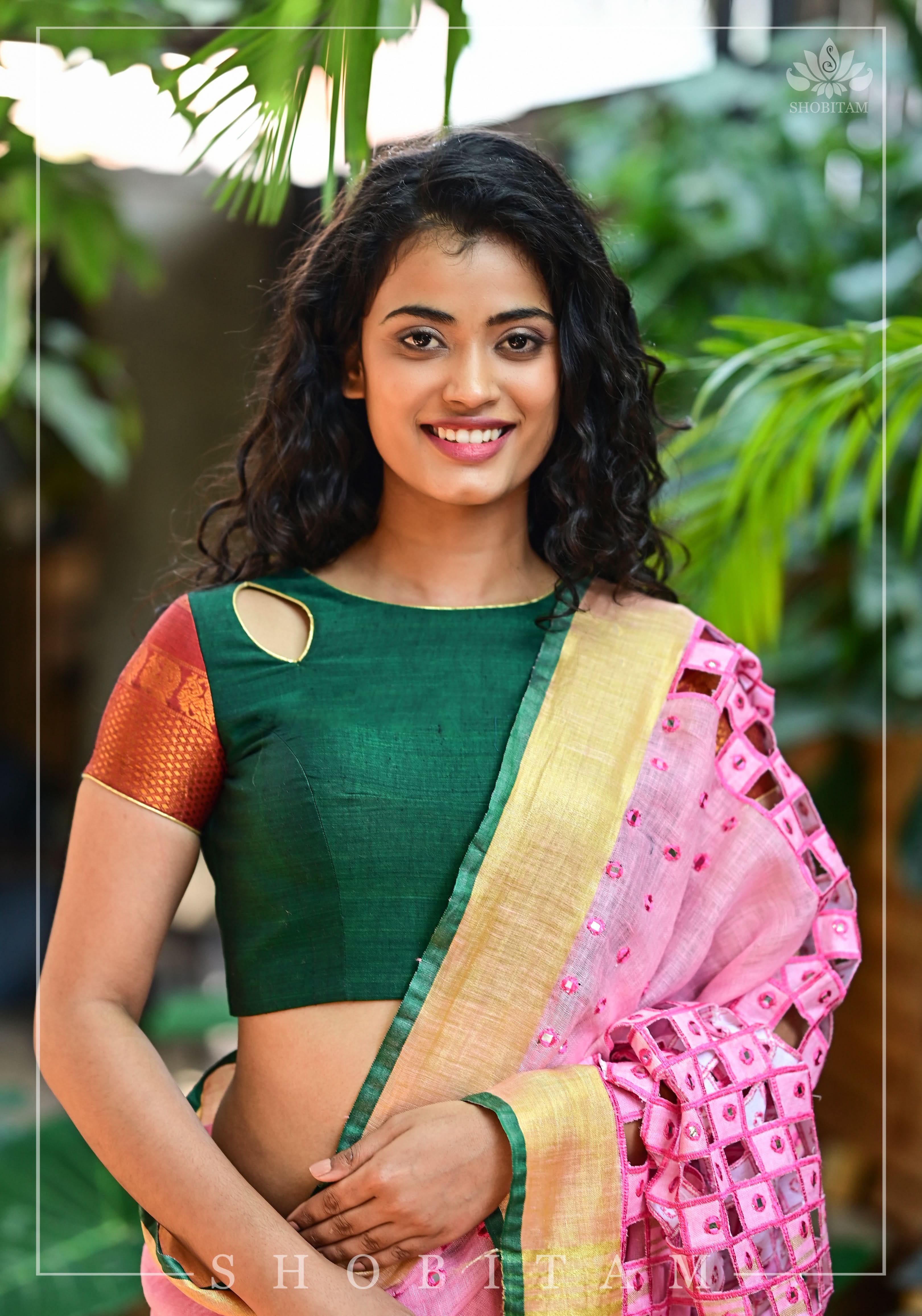 Forest green narayanpet cotton close neck cutout blouse with tie back | Shobitam
