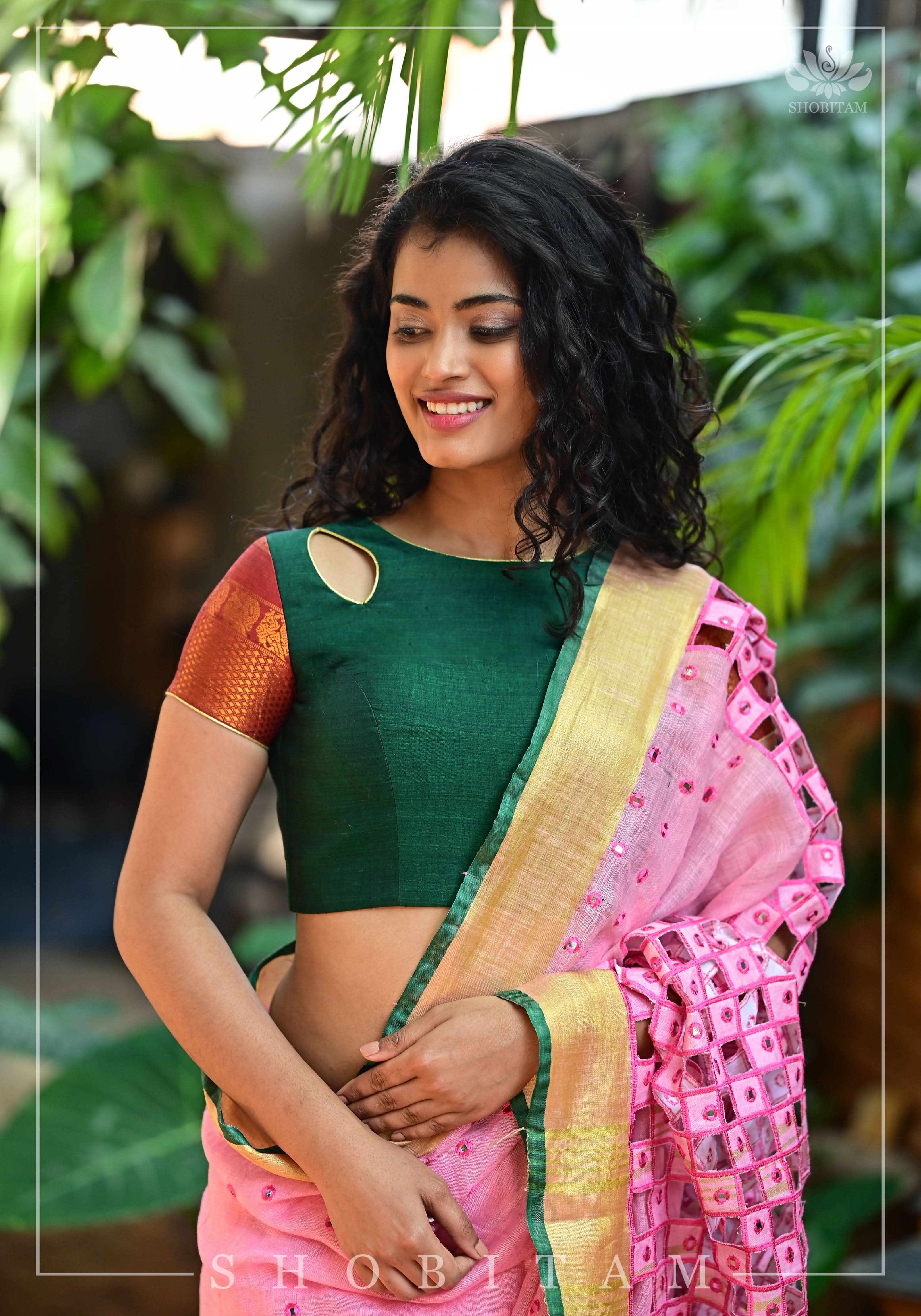 Forest green narayanpet cotton close neck cutout blouse with tie back | Shobitam