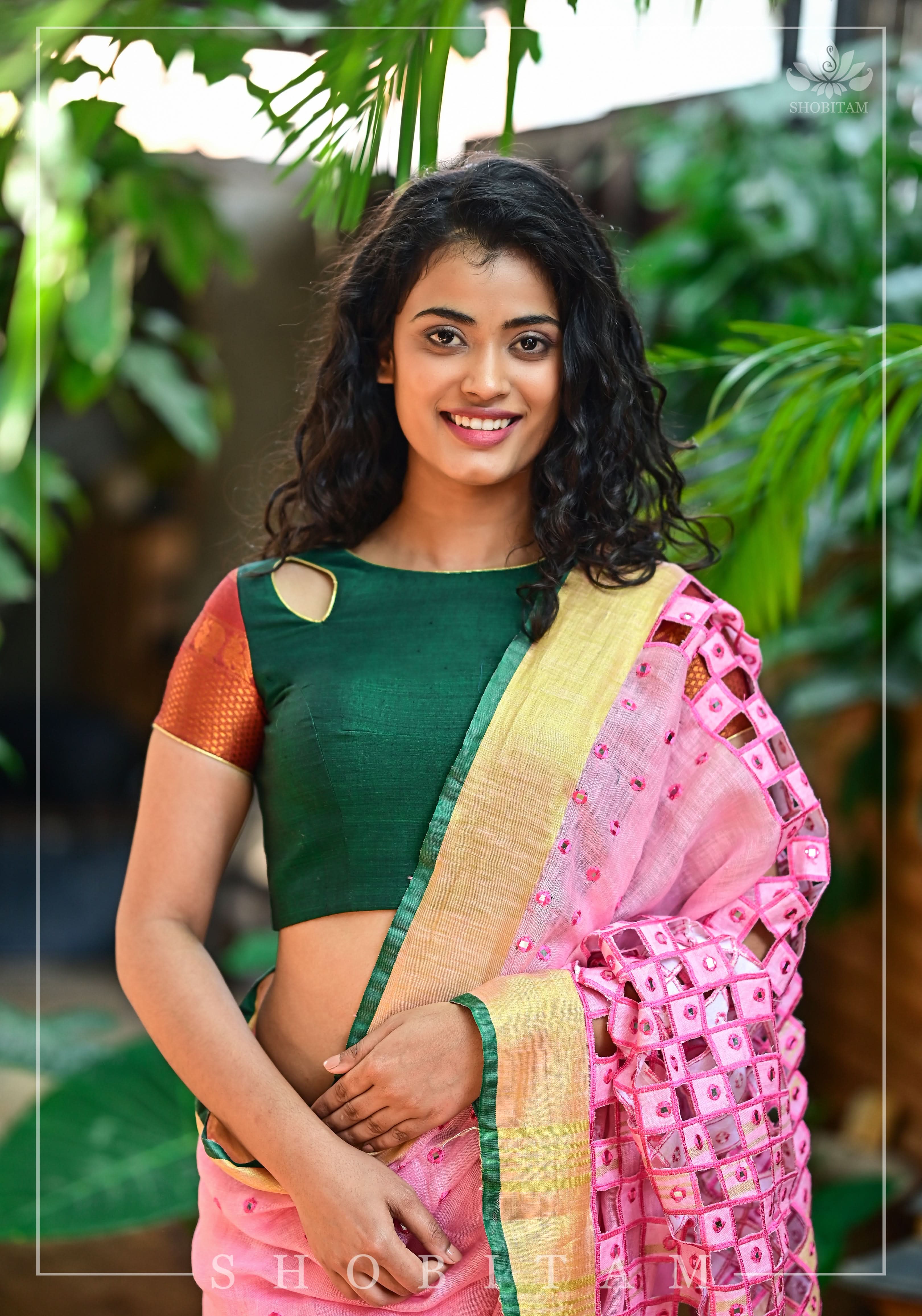 Forest green narayanpet cotton close neck cutout blouse with tie back | Shobitam