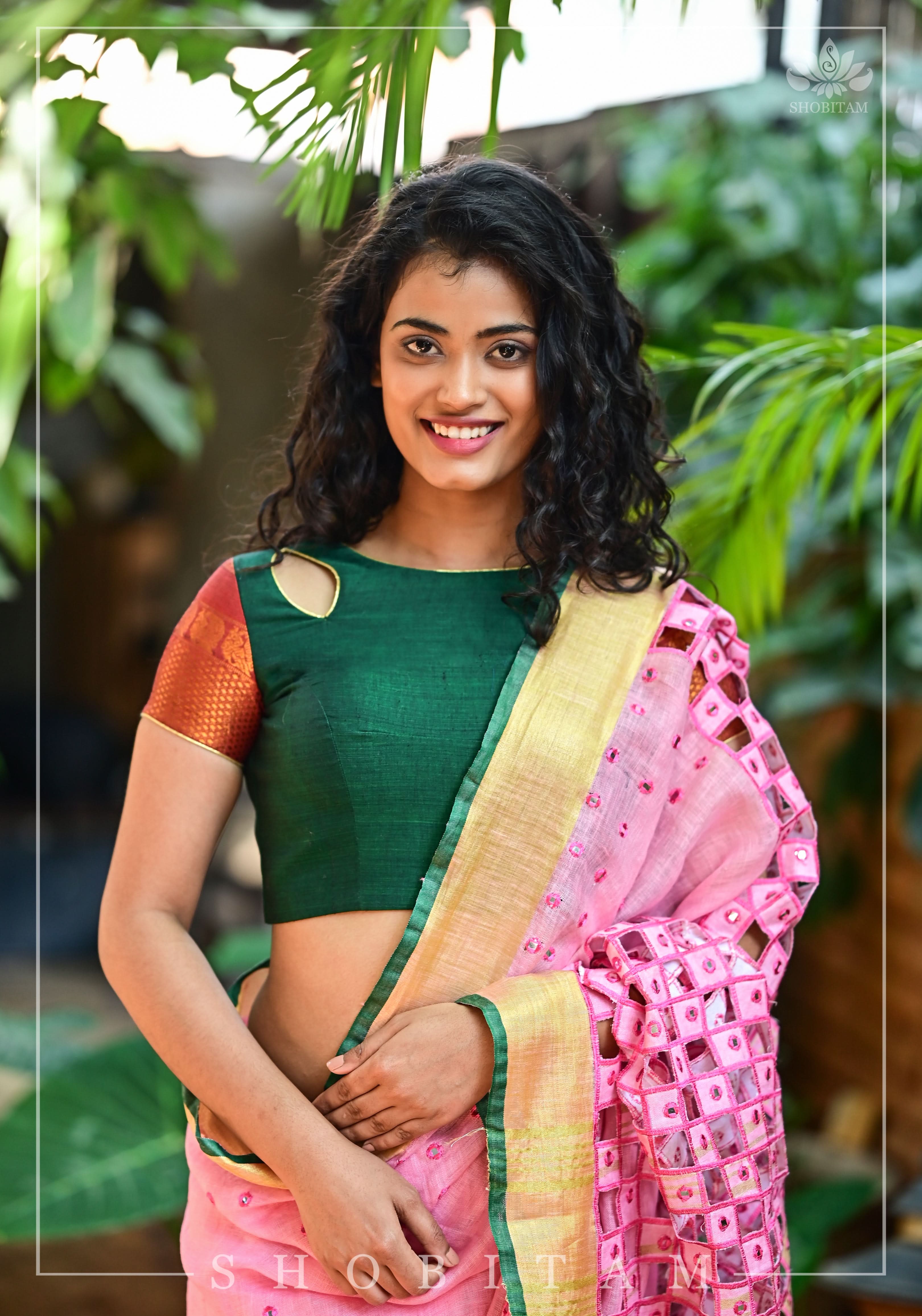 Forest green narayanpet cotton close neck cutout blouse with tie back | Shobitam