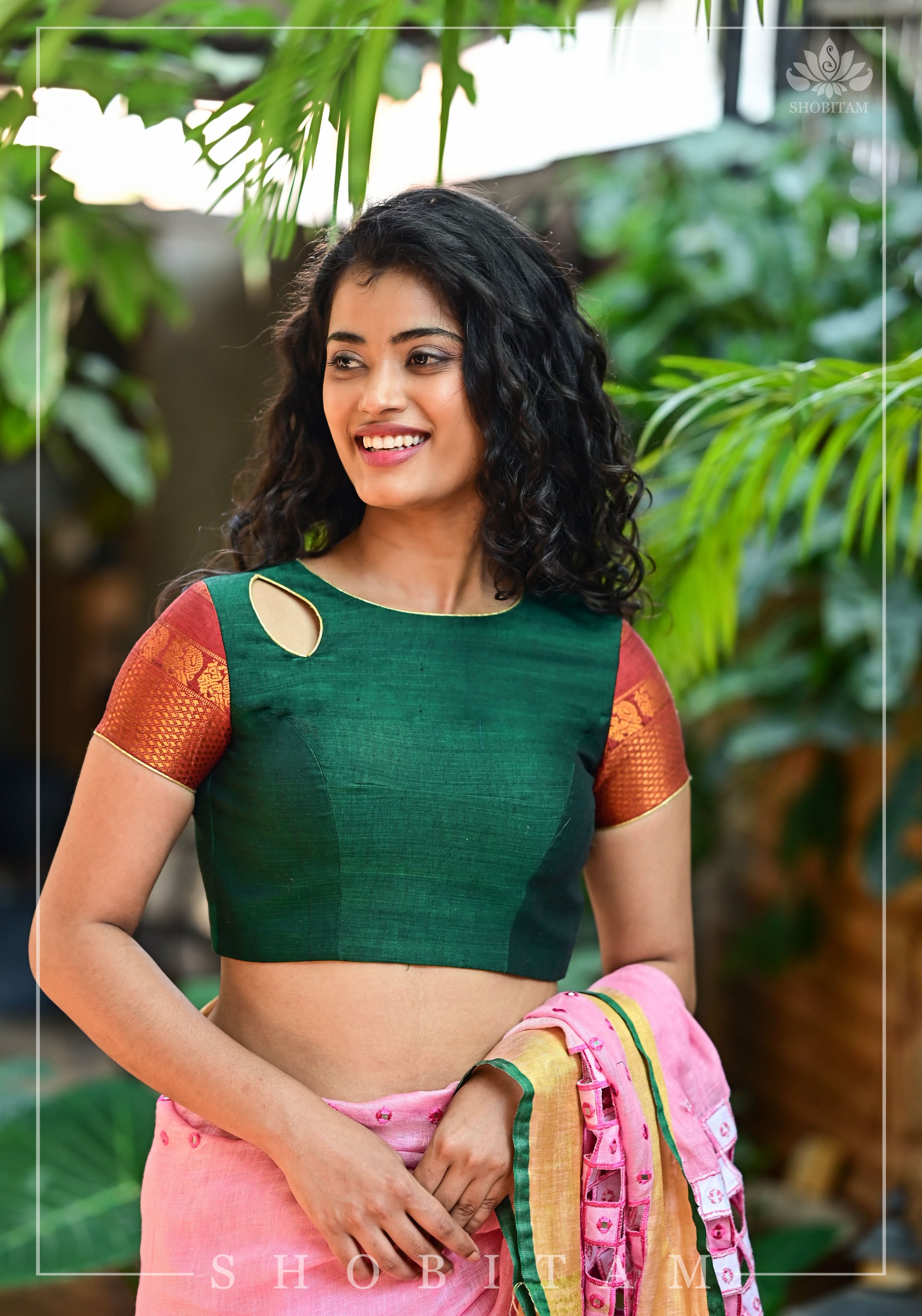Forest green narayanpet cotton close neck cutout blouse with tie back | Shobitam