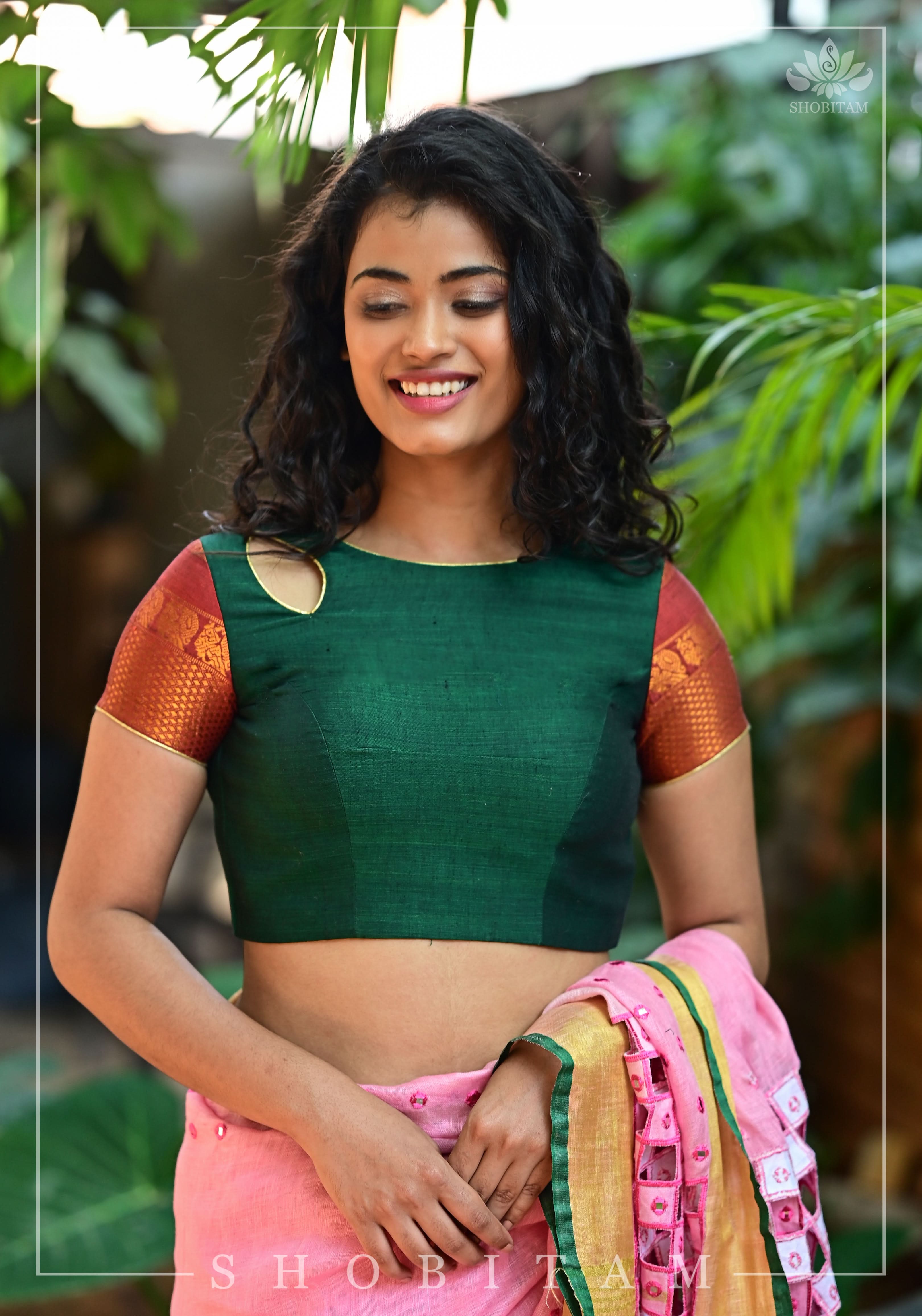 Forest green narayanpet cotton close neck cutout blouse with tie back | Shobitam